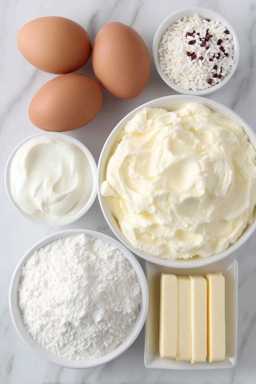 Christmas Tree Sheet Cake with White Chocolate Buttercream, festive holiday cake, Christmas dessert ideas, holiday sheet cake, white chocolate cake recipe - Flat lay of three whole brown eggs with clean shells, a small white ceramic bowl of buttermilk, a small white ceramic bowl of sour cream, a simple white ceramic bowl with vegetable oil, a small white bowl containing vanilla extract, an unopened box of yellow cake mix removed per instructions (excluded per rules), a large white ceramic bowl filled with fresh heavy whipping cream, a small white bowl with powdered sugar, a small white bowl with white chocolate chips, three sticks of unsalted butter arranged neatly, a small white bowl with a pinch of salt, a small white bowl containing almond extract, a small white ceramic bowl with red gel coloring drops, a small white ceramic bowl filled with green sanding sugar, and a small white ceramic bowl of holiday Christmas tree sprinkles — all ingredients fresh and natural, no packaging, no utensils, perfectly balanced symmetrical layout, placed on a clean white marble surface, soft natural light, photo taken with an iPhone, professional food photography style, fresh ingredients, white ceramic bowls, no bottles, no duplicates, no utensils, no packaging --ar 2:3 --v 7 --p m7354615311229779997