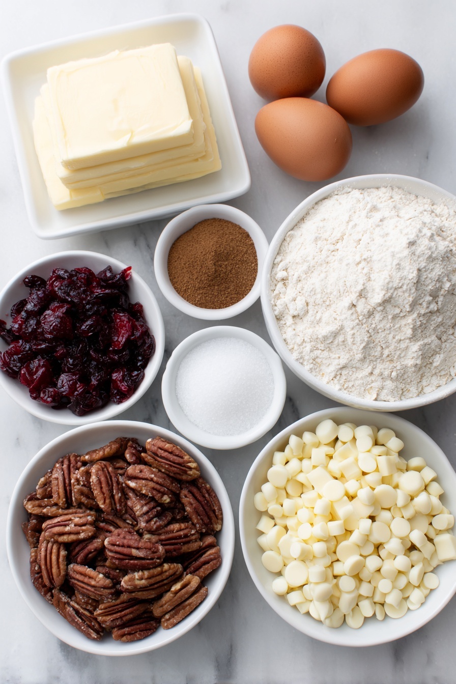 Cranberry Oatmeal Cookies, healthy oatmeal cookies with cranberries, chewy cranberry cookies, best white chocolate cranberry cookies, easy cranberry oatmeal treats - Flat lay of a small pile of creamy unsalted butter, a heap of brown sugar crystals, a mound of granulated white sugar, two whole uncracked brown eggs with clean shells, a small white ceramic bowl of clear vanilla extract, a neat stack of all-purpose flour, a small white bowl holding fine baking soda powder, a small white bowl with ground cinnamon, a small white bowl of fine salt crystals, a generous scoop of old fashioned rolled oats, fresh quartered bright red cranberries, chopped pecan halves, and a small pile of white chocolate chips all arranged symmetrically in simple white ceramic bowls and on a clean white ceramic plate, placed on a clean white marble surface, soft natural light, photo taken with an iPhone, professional food photography style, fresh ingredients, white ceramic bowls, no bottles, no duplicates, no utensils, no packaging --ar 2:3 --v 7 --p m7354615311229779997