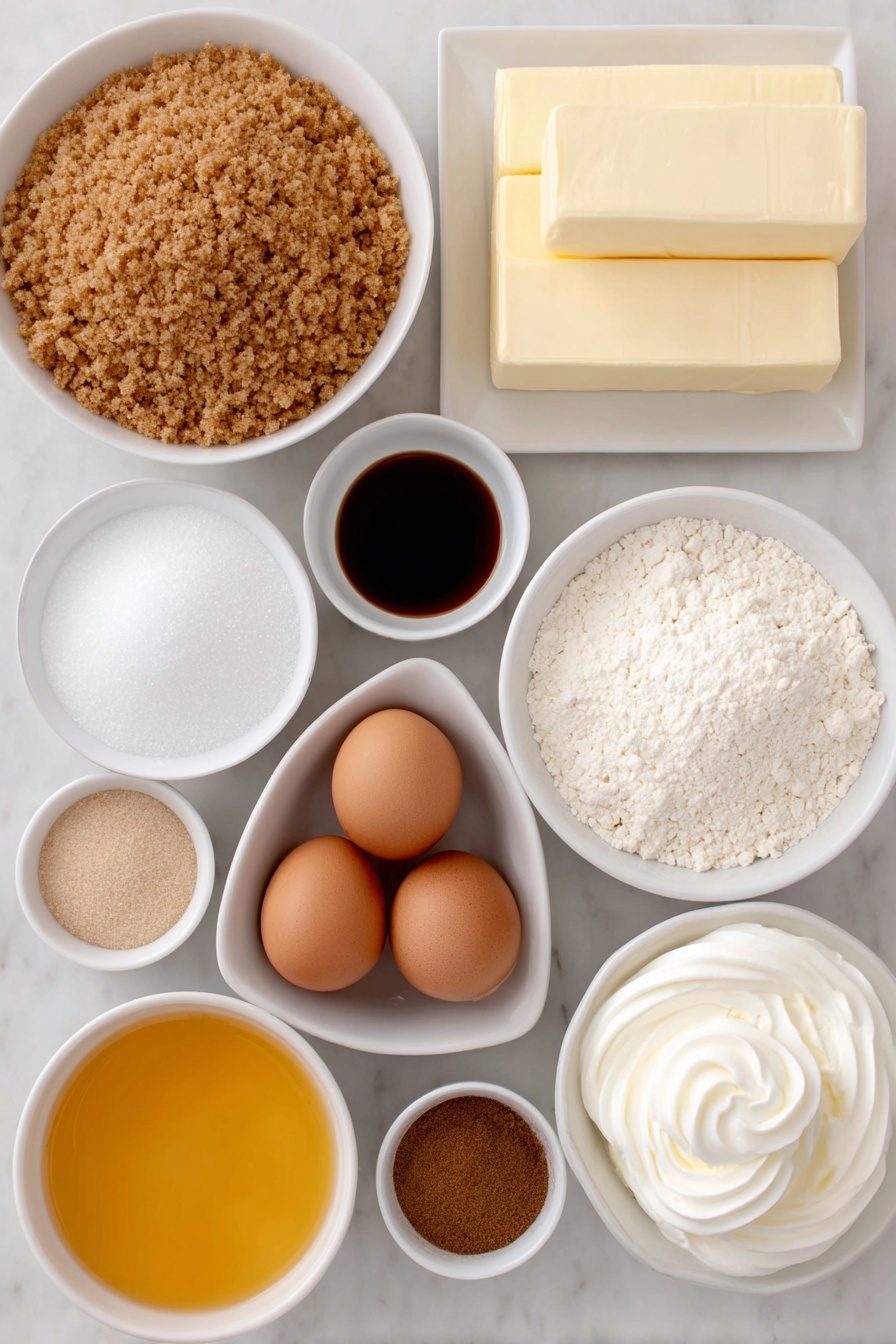 Pumpkin Cheesecake with Gingersnap Crust, pumpkin cheesecake recipe, fall dessert recipes, spiced pumpkin cheesecake, no-bake pumpkin cheesecake - Flat lay of a simple white ceramic bowl filled with crushed gingersnap cookies, a small white bowl of granulated sugar, a small white bowl with melted unsalted butter, several blocks of fresh cream cheese stacked neatly, a small white bowl of packed light brown sugar, a small white bowl of granulated sugar, a small white bowl with heavy whipping cream, a small white ceramic bowl holding smooth orange pumpkin puree, a small white bowl of all-purpose flour, a small white bowl with ground cinnamon, a small white bowl with ground nutmeg, a small white bowl with ground ginger, a small white bowl with ground cloves, four large whole uncracked brown eggs arranged symmetrically, a small white bowl filled with vanilla extract liquid, and a small white bowl of fluffy Cool Whip, placed on a clean white marble surface, soft natural light, photo taken with an iPhone, professional food photography style, fresh ingredients, white ceramic bowls, no bottles, no duplicates, no utensils, no packaging --ar 2:3 --v 7 --p m7354615311229779997