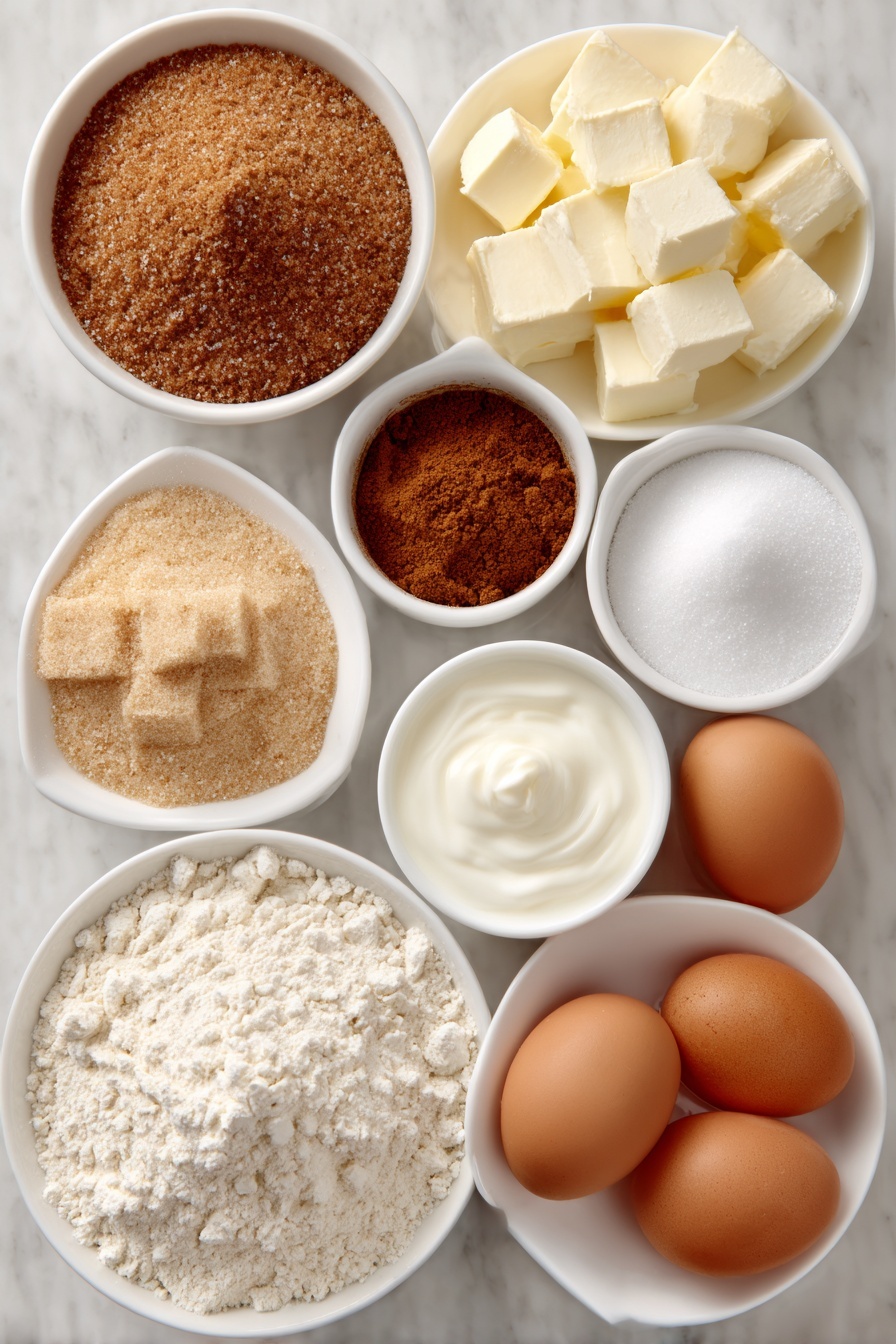 Sour Cream Coffee Cake with Streusel, best coffee cake recipes, moist coffee cake, easy streusel coffee cake, comforting breakfast cake - Flat lay of a small mound of pale all purpose flour, a small pile of packed light brown sugar, a small heap of ground cinnamon, a pinch of kosher salt, several small cubes of cold unsalted butter, another small heap of granulated sugar, two whole large brown eggs with clean shells, a small white ceramic bowl of sour cream, a small white bowl of whole milk, a small white bowl of powdered sugar, placed on a clean white marble surface, soft natural light, photo taken with an iPhone, professional food photography style, fresh ingredients, white ceramic bowls, no bottles, no duplicates, no utensils, no packaging --ar 2:3 --v 7 --p m7354615311229779997