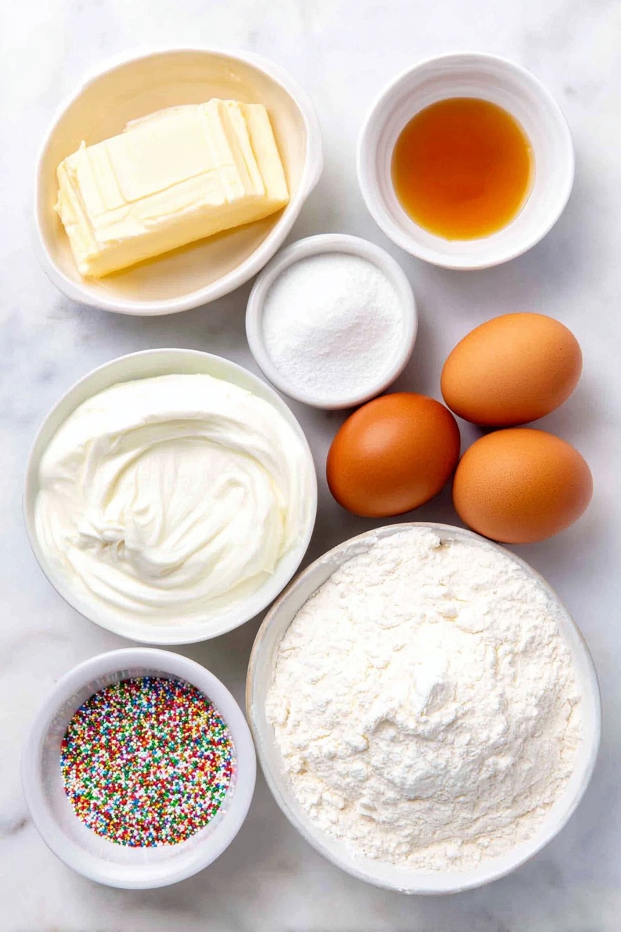 Christmas Sprinkles Bread, festive bread recipes, holiday bread ideas, colorful bread baking, easy Christmas baking - Flat lay of a small mound of unsalted butter softened, a small white bowl of granulated sugar, a small white bowl of golden vanilla extract, three large whole brown eggs with clean shells, a small white bowl of thick sour cream, a small white bowl of whole milk, a small mound of all-purpose flour, a small white bowl containing a mix of baking powder, baking soda, salt, and ground cinnamon, a small white bowl filled with colorful Christmas sprinkles, a small white bowl of powdered sugar, a small white bowl of heavy cream, placed on a clean white marble surface, soft natural light, photo taken with an iPhone, professional food photography style, fresh ingredients, white ceramic bowls, no bottles, no duplicates, no utensils, no packaging --ar 2:3 --v 7 --p m7354615311229779997