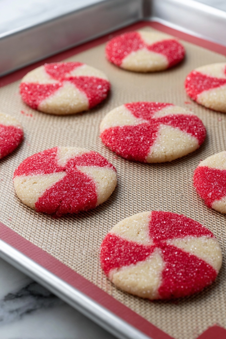 Peppermint Swirl Sugar Cookies, Christmas peppermint cookies, holiday sugar cookies, mint-flavored cookies, festive peppermint treats - The image shows a baking tray with seven round cookies laid out on a textured baking mat. Each cookie has a pinwheel pattern made of two colors, bright red and light beige, creating a spiral effect with alternating triangular sections. The cookies have a sparkling sugar coating on top, giving them a slightly shiny look. The baking tray is silver with a shallow lip around the edge, and the background is a white marbled surface. photo taken with an iphone --ar 2:3 --v 7