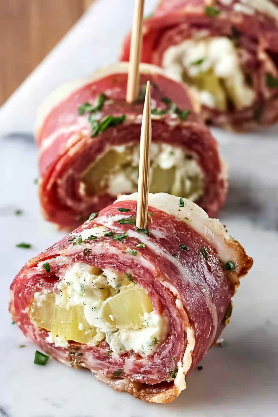 Salami Pinwheels with Cream Cheese and Peppers, savory appetizer ideas, easy party snacks, flavorful finger foods, quick snack recipes - The image shows three small rolled snacks on a white marbled surface, each secured with a wooden toothpick at the center. Each roll has multiple layers starting with thin slices of pinkish-red meat wrapped on the outside, sprinkled lightly with chopped green herbs. Inside the meat layer is a creamy pale yellow filling mixed with soft white cheese and small pieces of what looks like pickled vegetables. The texture of the rolls is moist and smooth on the outside, with a visible contrast between the dense meat and soft filling inside. The photo taken with an iphone --ar 2:3 --v 7