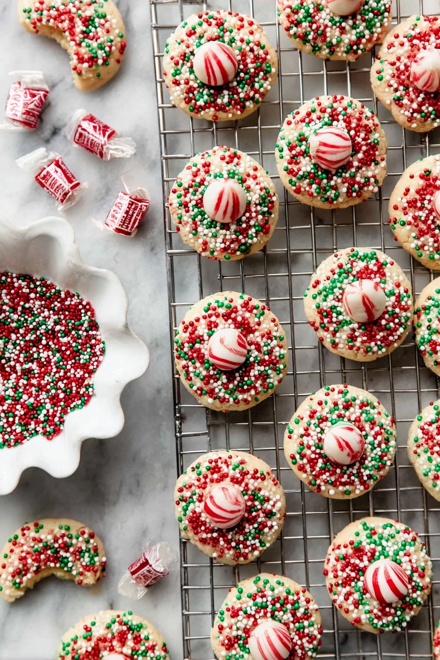 Peppermint Kiss Cookies, festive holiday cookies, peppermint sugar cookies, candy cane Hershey's Kisses cookies, Christmas cookie recipes - The image shows many round cookies on a cooling rack, each with a light golden base covered in small red, green, and white round sprinkles. At the center of each cookie is a round white piece of candy with red stripes that looks like a peppermint. One cookie is broken, showing its soft inside. To the left, there is a white scalloped bowl filled with the same small red, green, and white sprinkles and some unwrapped candies around it. The background is a white marbled texture. photo taken with an iphone --ar 2:3 --v 7