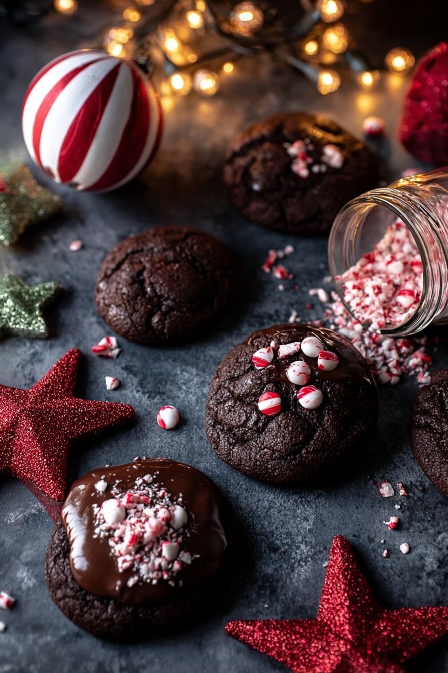 Chocolate Hazelnut Caramel Stuffed Brownie Cookies, chocolate caramel stuffed cookies, hazelnut brownie cookies, caramel filled chocolate cookies, gooey brownie cookies - The image shows six dark chocolate cookies on a dark smooth surface with crushed red and white candy sprinkled on some of the cookies and also scattered around them. One cookie is partially dipped in melted chocolate with candies on top. There are holiday decorations around, including a white and red striped round ornament and two glittery red star shapes, as well as a glittery gold star in the background. A clear jar tipped over in the foreground suggests candy spilling out. Warm yellow string lights are draped above, softly glowing. photo taken with an iphone --ar 2:3 --v 7