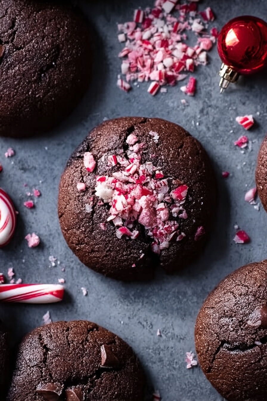 Chocolate Hazelnut Caramel Stuffed Brownie Cookies, chocolate caramel stuffed cookies, hazelnut brownie cookies, caramel filled chocolate cookies, gooey brownie cookies - The image shows a group of dark brown round cookies arranged on a dark grey surface, with one cookie in the center topped with crushed pink and white candy pieces and small bits of melted chocolate. The cookies have a rough texture and slight cracks on the surface. Scattered around them are more crushed pink candies, a red and white striped ornament on the left, and a small lightbulb on the top right. The scene has a cozy and festive feeling. Photo taken with an iphone --ar 2:3 --v 7
