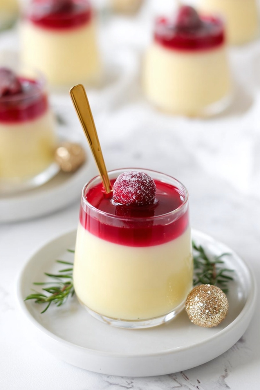 Eggnog Panna Cotta with Cranberry Liqueur Sauce, festive holiday dessert, eggnog panna cotta recipe, holiday panna cotta with cranberry sauce, Christmas dessert ideas - The image shows four small clear glasses filled with two layers of dessert. The bottom layer is creamy white and smooth, making up most of the glass. The top layer is a bright red jelly, shiny and thick, covering the creamy layer completely. On top of each red layer, there is a bright red berry covered with a light dusting of sugar, along with a small green rosemary sprig placed diagonally. The glasses are set on a white marbled surface, with some green rosemary leaves and small gold balls decorating around them. Photo taken with an iphone --ar 2:3 --v 7