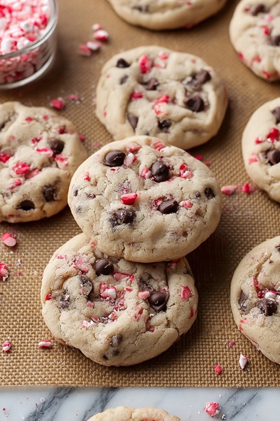 Peppermint Oreo Cookies, peppermint Oreo cookies, Oreo peppermint cookies, festive cookie recipes, holiday cookie ideas - The image shows a small stack of three chunky cookies on a white lace paper doily placed on brown parchment paper. The cookies are light beige and embedded with visible dark chocolate chips and small red and white candy bits spread evenly throughout. The top cookie of the stack has a bite taken out, revealing a soft, dense inside with the same chocolate and candy pieces. In the background, more cookies are cooling on a wire rack, slightly blurred, and to the left is a white ceramic ramekin filled with rough pink and white candy pieces. The whole scene sits on a white marbled surface photo taken with an iphone --ar 2:3 --v 7