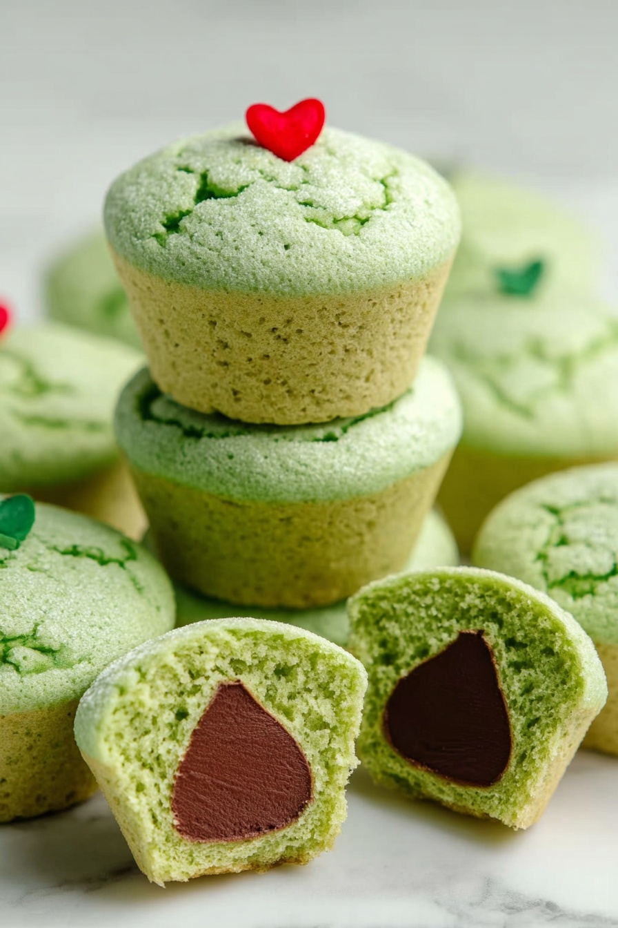 Green Hershey’s Kiss Cookie Cups, Hershey’s Kiss Cookies, festive cookie cups, green holiday cookies, chocolate-filled sugar cookies - The image shows a stack of green muffins with a soft texture, each with a fluffy top layer that has small cracks and a light green color. The top muffin has a small red heart decoration placed near the center of its domed top. The middle muffin is plain, showing the same green color with airy holes. In front, a muffin is cut in half, revealing two layers: the top fluffy green layer and a smooth chocolate layer shaped like a teardrop inside, topped with a small red heart decoration on the surface. The muffins sit on a white marbled surface with soft lighting. Photo taken with an iphone --ar 2:3 --v 7