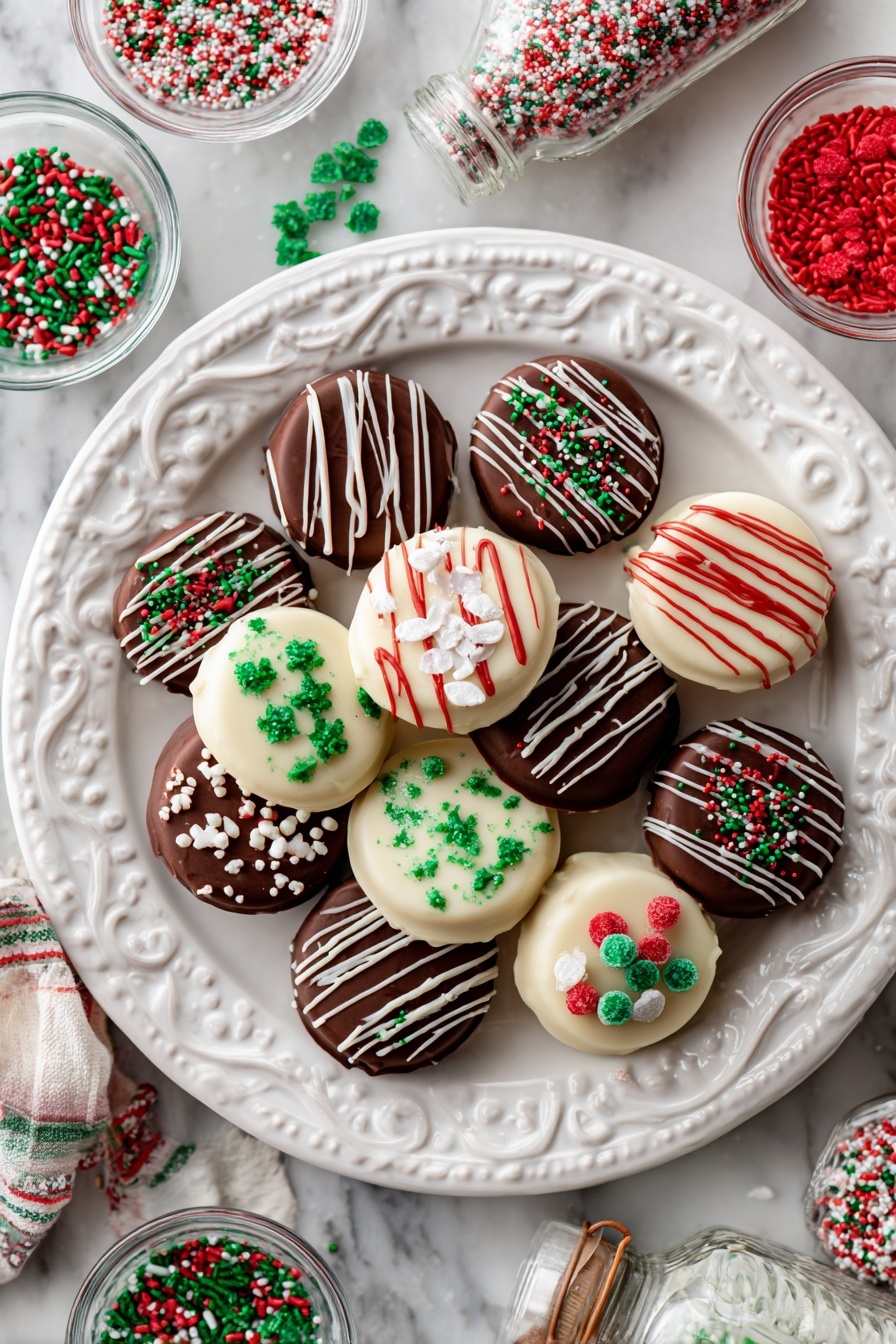 Christmas Chocolate Covered Oreos, holiday Oreo desserts, festive chocolate dipped cookies, easy Christmas cookie recipe, homemade holiday treats - A white ornate plate with many round chocolate-covered treats arranged in a slightly overlapping manner. Each treat has a smooth chocolate base layer with various decorations on top including green, red, and white sprinkles, small candy shapes, and some are dipped halfway in white chocolate with sprinkles. There are drizzle patterns in red, green, and white icing on several pieces, adding texture and color contrast. Around the plate, small clear bowls hold red, green, and white sprinkles, while a small bottle filled with green and red sprinkles is nearby. The surface beneath everything is a white marbled texture. Photo taken with an iphone --ar 2:3 --v 7