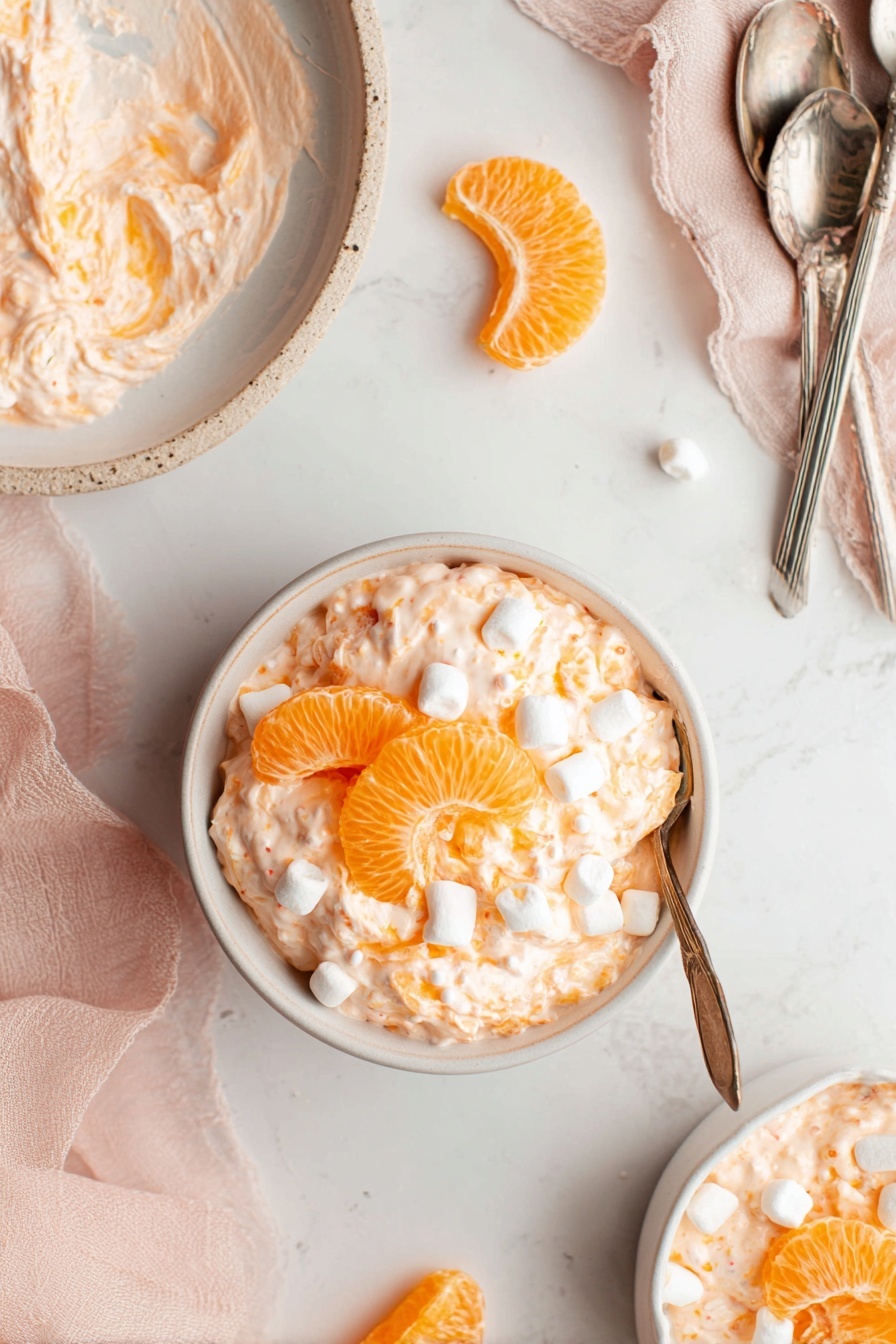 Mandarin Orange Salad with Marshmallows, easy fruit salad recipe, no-bake dessert, quick citrus salad, nostalgic fruit salad ideas - The image shows a small white bowl filled with a fluffy light orange creamy mixture with visible small white marshmallows and bright orange mandarin orange slices mixed in. On top of the mixture are two mandarin slices arranged in the center and three small marshmallows on the surface. Next to the bowl on the white marbled surface are two peeled mandarin slices. Nearby, there is a white plate with leftover creamy mixture spread on it, with a metal spoon resting inside. A soft pink cloth and two metal spoons are placed on the top right corner of the image, adding a soft touch to the scene. Photo taken with an iphone --ar 2:3 --v 7