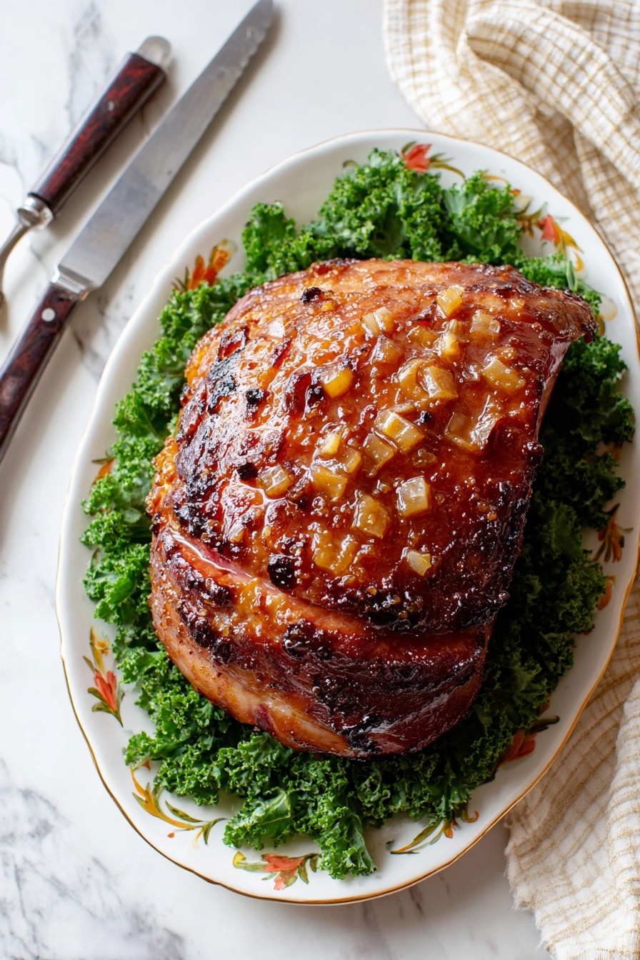 Baked Glazed Ham, glazed ham recipe, holiday ham, easy ham dinner, sweet and tangy ham - A large, browned ham sits on a bed of fresh, dark green kale leaves arranged around the edges of a white oval plate with gold and orange floral designs near the rim. The ham has a shiny glaze with visible chunks of light brown, caramelized bits on top. The surface of the ham shows a mix of crispy charred spots and smooth, sticky glaze. To the left of the plate, there is a silver carving fork and a knife with dark wooden handles placed on a white marbled surface. A soft cream and beige checkered cloth is partially visible in the top right corner photo taken with an iphone --ar 2:3 --v 7