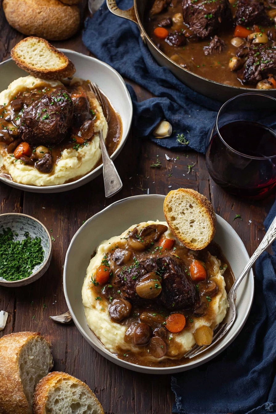 Coq au Vin, Coq au Vin with Chicken and Red Wine, French Chicken Stew, Classic French Coq au Vin, Hearty Chicken and Wine Dish - Two white bowls filled with a layer of creamy mashed potatoes topped with pieces of dark brown meat covered in thick brown gravy with whole small onions, sliced mushrooms, and chunks of orange carrots scattered around. Each bowl has a silver fork placed on the right side, partially resting on the mashed potatoes. One bowl also has two pieces of light brown crusty bread placed on top of the mashed potatoes. The bowls are set on a dark wooden surface with a few pieces of bread, a glass of red wine, a small bowl of chopped green herbs, and a dark blue cloth napkin nearby. To the upper right, there is a large pan filled with more meat, vegetables, and gravy. photo taken with an iphone --ar 2:3 --v 7