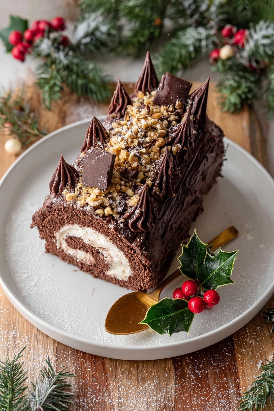 Chocolate Hazelnut Yule Log, Bûche de Noël, festive chocolate roulade, holiday dessert, easy Christmas Yule Log - A chocolate roll cake is placed on a white plate, which sits on two layered wooden slabs with bark edges. The cake has three visible layers: a light brown swirl cream inside, a darker chocolate cream frosting covering the outside in a wave-like texture, and thin dark chocolate slices arranged on top in a row. The top is sprinkled with crushed nuts and powdered sugar. The cake is decorated with green holly leaves and bright red berries on top. Around the cake, there are red berries, a pine branch, and small frosted decorative pine trees on a white marbled surface. In the blurry background, there are white candles and white decorative houses. photo taken with an iphone --ar 2:3 --v 7