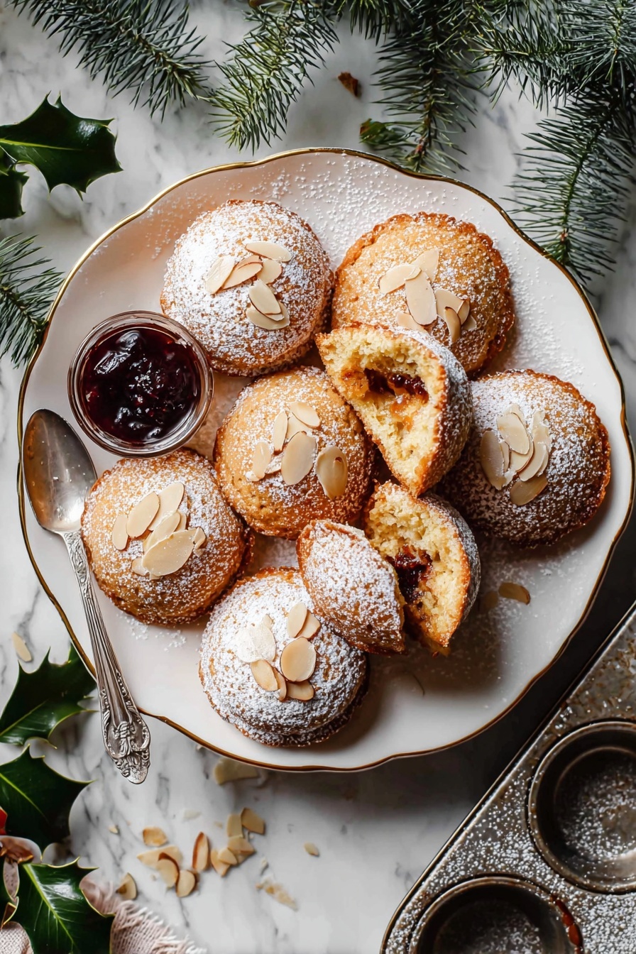 Festive Mince Pies with Frangipane Topping, mince pie recipes, holiday dessert ideas, Christmas baking recipes, easy festive desserts - Eleven round sandwich cookies are shown on crumpled parchment paper atop a white marbled surface. Each cookie has two golden brown almond-studded cake layers with a pale cream filling in the middle. The top cake layers are dusted with powdered sugar, which is also scattered around on the parchment and surface. A dark metal sieve filled with powdered sugar sits on the left side among the cookies, adding texture and detail. The overall look is rustic with warm tones and soft lighting. Photo taken with an iphone --ar 2:3 --v 7