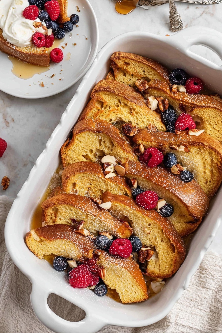 Brioche French Toast Casserole with Orange, orange breakfast casserole, French toast bake with orange, breakfast casserole with citrus, holiday brunch casserole - The image shows a white baking dish filled with layered toasted bread slices that are golden brown and slightly crispy on the edges, arranged upright and overlapping. The bread layers are sprinkled with coarse sugar and scattered with whole blueberries, red raspberries, and small chopped almonds, adding pops of dark blue, bright red, and light beige colors. The dish is placed on a white marbled surface, next to a white plate holding a piece of the bread pudding topped with whipped cream, extra berries, and nuts. The overall scene includes soft natural light highlighting the warm tones and textures of the baked bread and fresh fruit. photo taken with an iphone --ar 2:3 --v 7