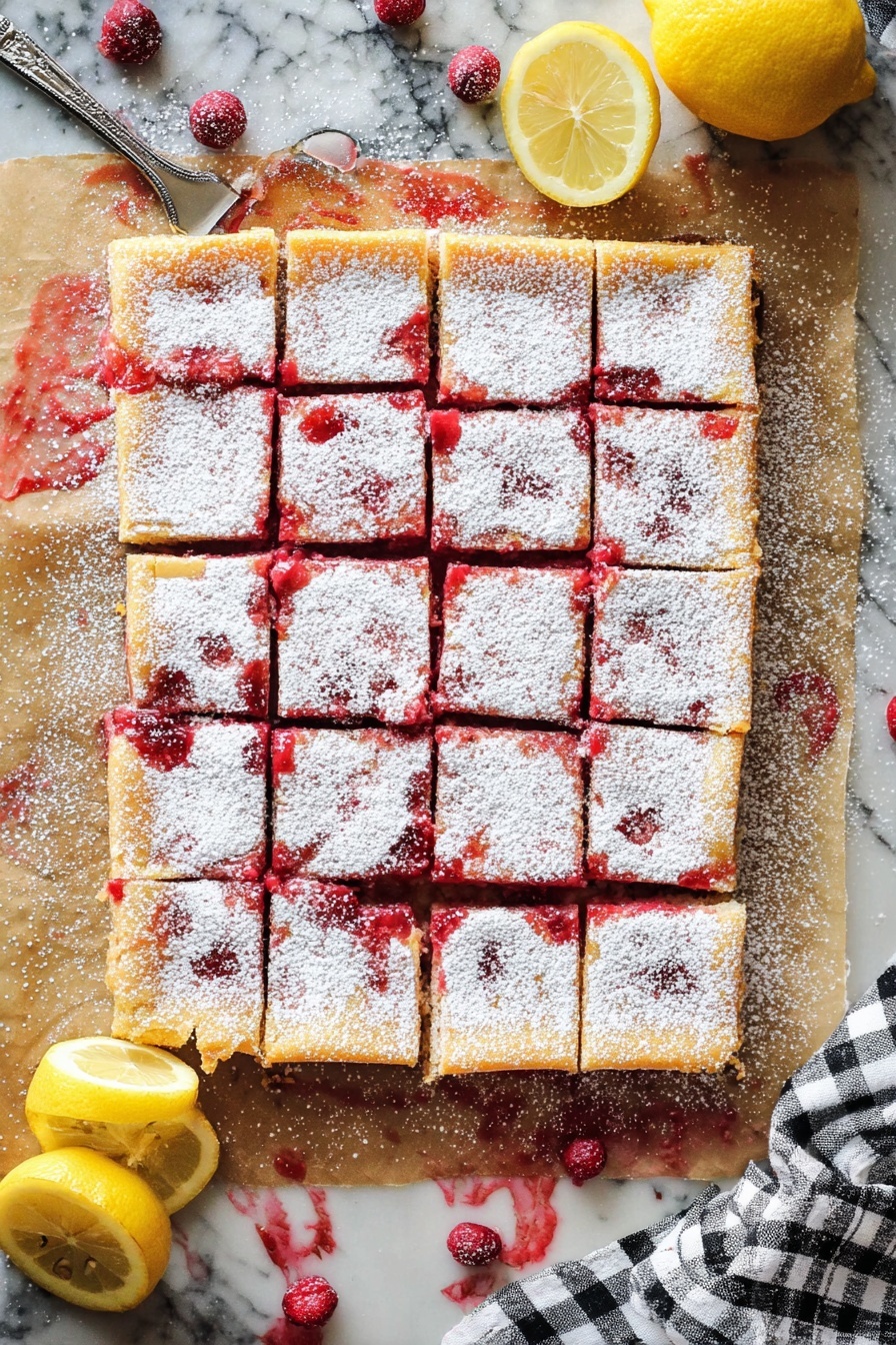 Cranberry Lemon Bars, cranberry tart dessert, lemon bars with cranberries, holiday fruit bars, easy citrus dessert - A square dessert is shown, cut into 16 small pieces arranged in a 4 by 4 grid. Each piece has a top layer dusted heavily with white powdered sugar, giving a soft, snowy look. Underneath, a vibrant red filling is visible, adding bright color between the golden brown crust edges. The dessert sits on a piece of lightly stained parchment paper that has red fruit juices spread around the edges. Scattered fresh red berries are placed near the dessert, along with two squeezed yellow lemon halves at the bottom and top right. A white and black checkered cloth is partially visible at the bottom right corner. The whole setup is placed on a white marbled surface with a woman's hand holding a metal utensil near the top left. photo taken with an iphone --ar 2:3 --v 7