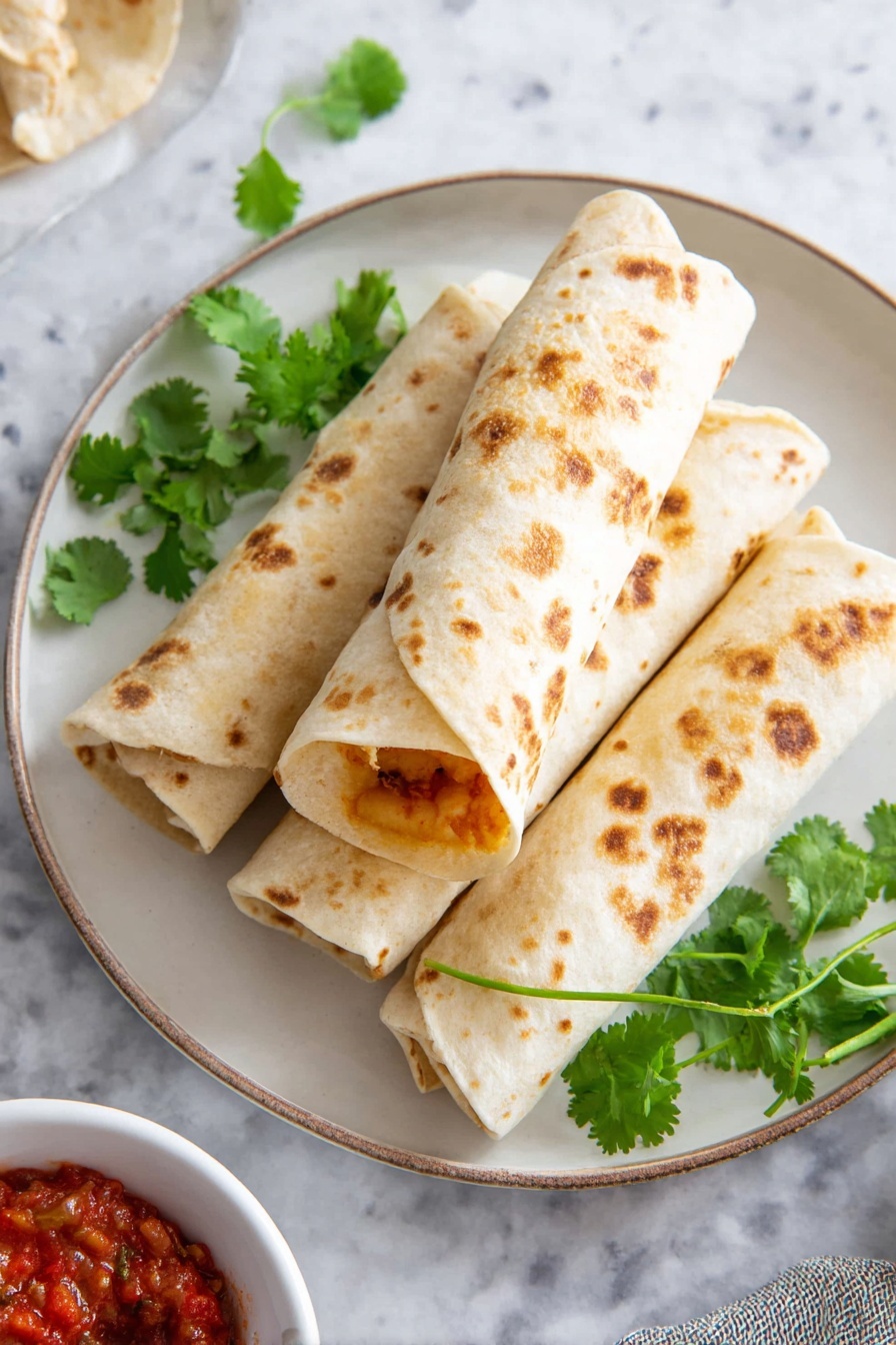 Cheesy Bean and Rice Burritos, Mexican-style burritos, cheesy bean wrap, baked bean and rice burritos, hearty vegetarian burritos - Four lightly browned rolled tortillas with small brown spots are stacked on a white plate in the center of the image, with one placed on top and one slightly open, showing a hint of orange filling. Green cilantro leaves are scattered on the tortillas and gathered behind them on the plate. The plate sits on a white marbled surface. In the lower left corner, part of a white bowl filled with chunky red salsa is visible. Photo taken with an iphone --ar 2:3 --v 7