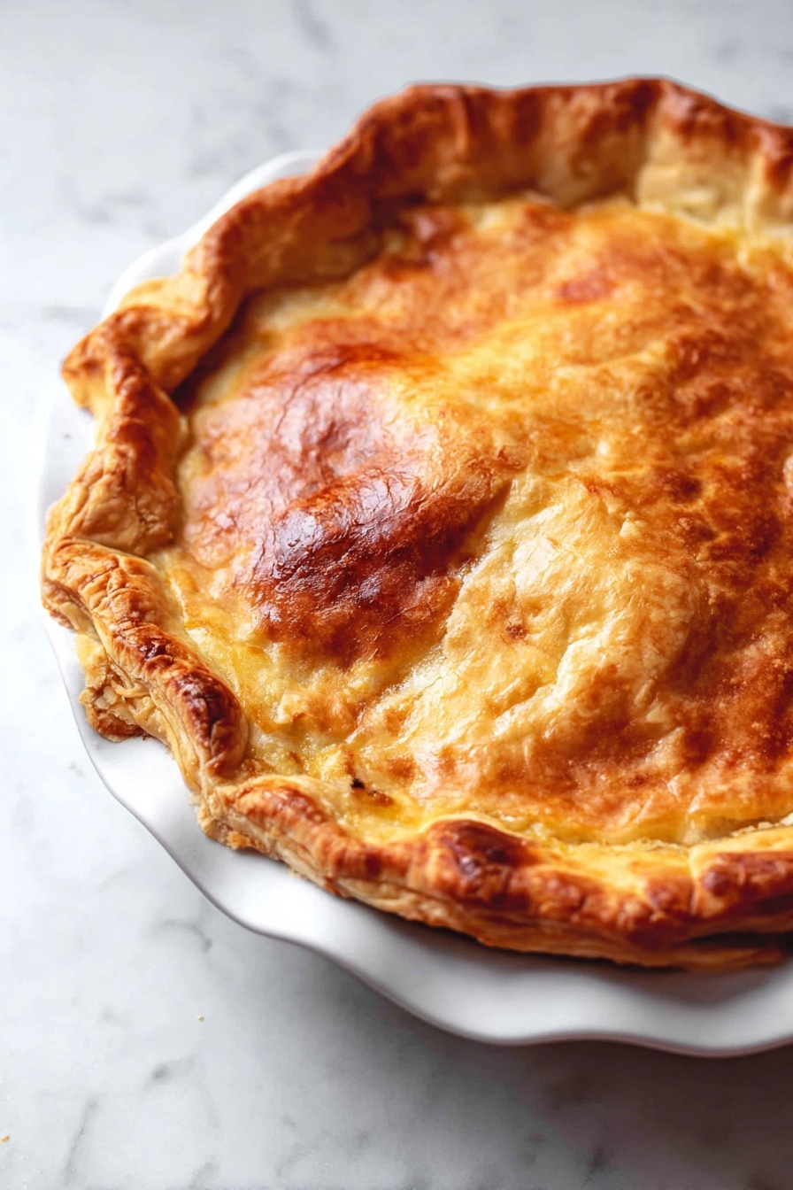 Creamy Chicken and Mushroom Pie, Chicken and Mushroom Pie, Easy Chicken Pie, Flaky Puff Pastry Chicken Pie, Comfort Food Chicken Pie - A round pastry pie with a thick golden-brown crust baked to a crispy texture. The top layer is smooth and shiny, covering the pie completely, with slightly raised edges showing a folded or crimped pattern. The pie sits on a white ceramic dish with scalloped edges. The background is a white marbled surface. photo taken with an iphone --ar 2:3 --v 7