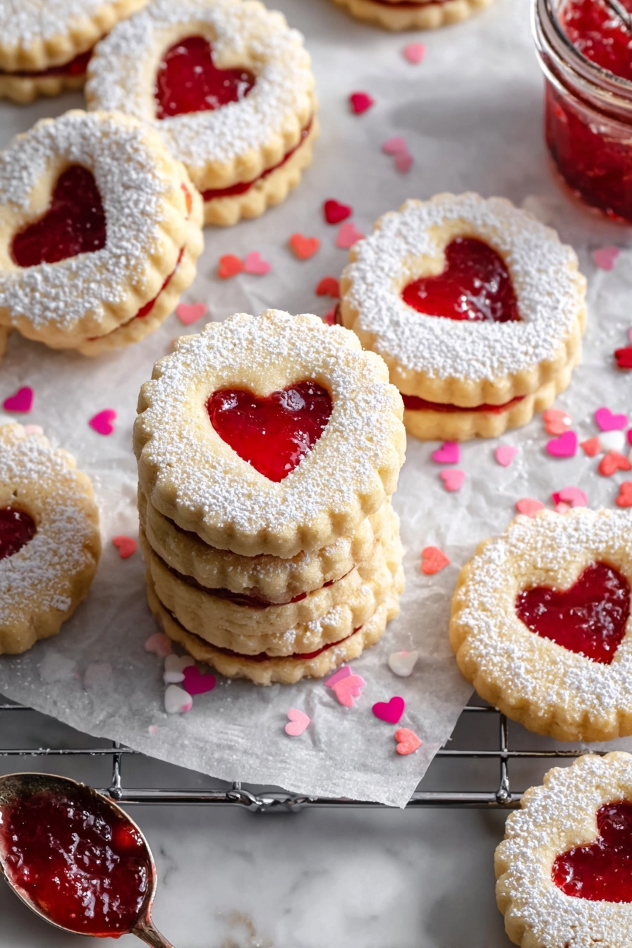 Raspberry Linzer Cookies, raspberry filled sandwich cookies, homemade Linzer cookies, buttery almond cookies, festive holiday cookies - The image shows several round sandwich cookies with scalloped edges arranged on white parchment paper over a white marbled surface. Each cookie has two layers: a bottom layer of light golden-brown cookie and a top layer dusted with white powdered sugar. The top layer has a heart-shaped cutout in the center, revealing a shiny bright red jam filling inside. Some cookies are stacked, showing both layers, while others lie flat. Small pink and red heart-shaped sprinkles are scattered around the cookies. photo taken with an iphone --ar 2:3 --v 7