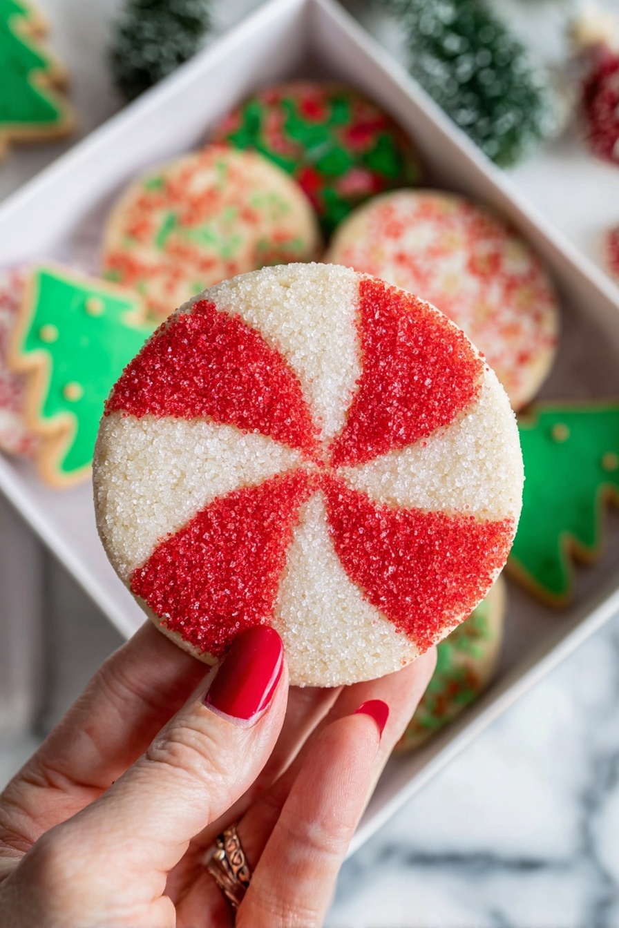 Peppermint Swirl Sugar Cookies, Christmas peppermint cookies, holiday sugar cookies, mint-flavored cookies, festive peppermint treats - A round cookie is held by a woman's hand with red-painted nails and a ring on the middle finger. The cookie has a simple design with four sections, alternating between bright red sugar crystals and white sugar crystals, creating a pinwheel or peppermint candy look. The texture of the cookie surface is grainy from the sugar crystals. Behind the cookie, there is a white box filled with different Christmas-themed cookies, including green tree shapes and other colorful designs, all resting on a white marbled surface. photo taken with an iphone --ar 2:3 --v 7