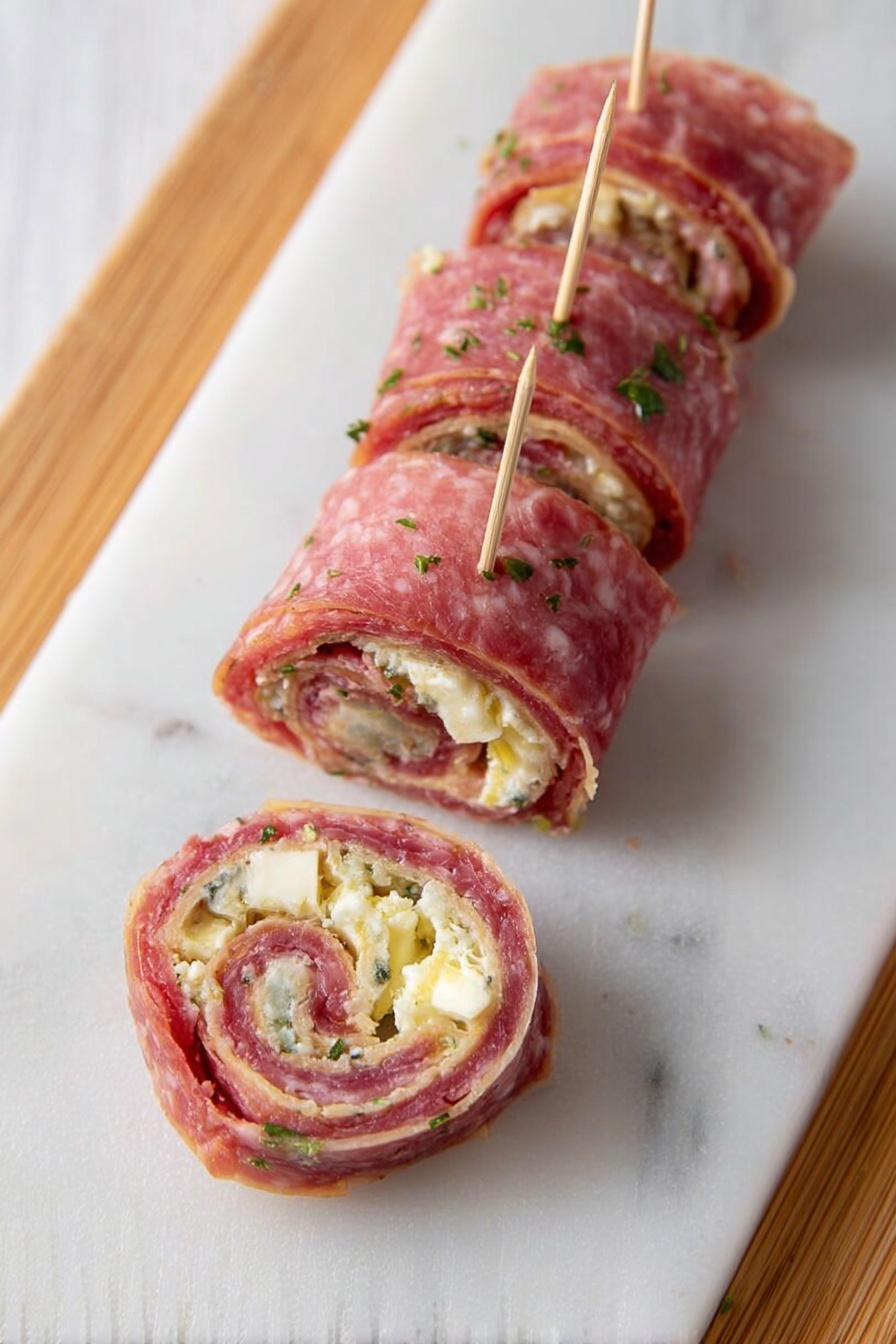 Salami Pinwheels with Cream Cheese and Peppers, savory appetizer ideas, easy party snacks, flavorful finger foods, quick snack recipes - The image shows a wooden cutting board placed on a white marbled surface with a roll sliced into pieces. The roll has three visible layers: a thin outer layer of reddish-pink with white spots, a middle layer of white creamy texture, and an inner yellowish layer with a slightly chunky texture. The roll is sliced into six pieces, three of which are lying flat showing the spiral pattern of the layers inside, while the rest remains uncut. photo taken with an iphone --ar 2:3 --v 7