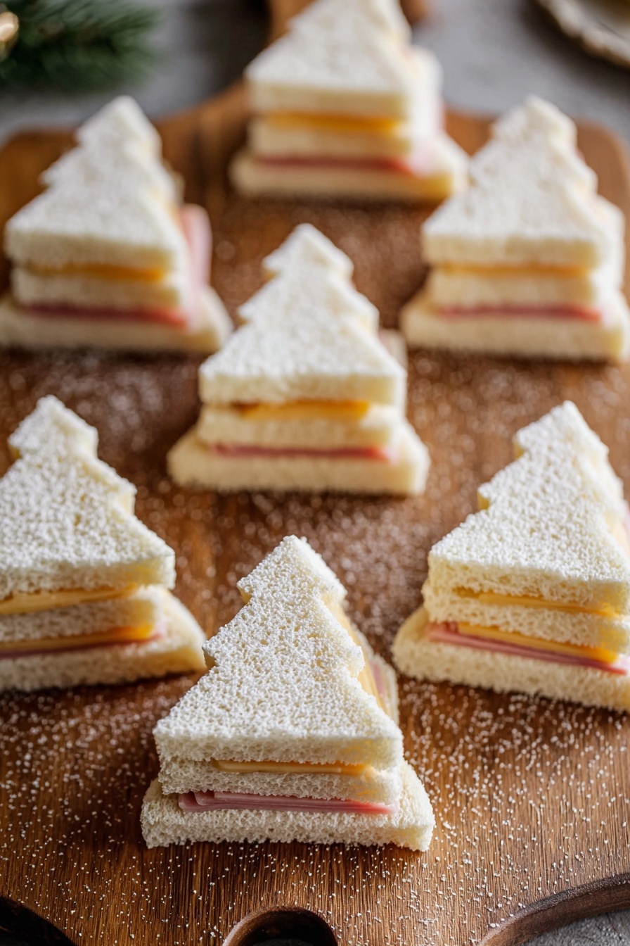 Christmas Tree Sandwiches, festive holiday sandwiches, kid-friendly Christmas snacks, Christmas party food ideas, holiday lunch ideas - Multiple small sandwiches shaped like Christmas trees are shown on a wooden board. Each sandwich has three layers of white bread with two thin layers of ham and cheese in between. The top layer of bread is covered with a light dusting of powdered sugar. One sandwich is positioned upright inside a metal Christmas tree cutter, showing the sandwich's side with the ham and cheese layers clearly visible. The background is slightly blurred to focus on the layered sandwiches photo taken with an iphone --ar 2:3 --v 7