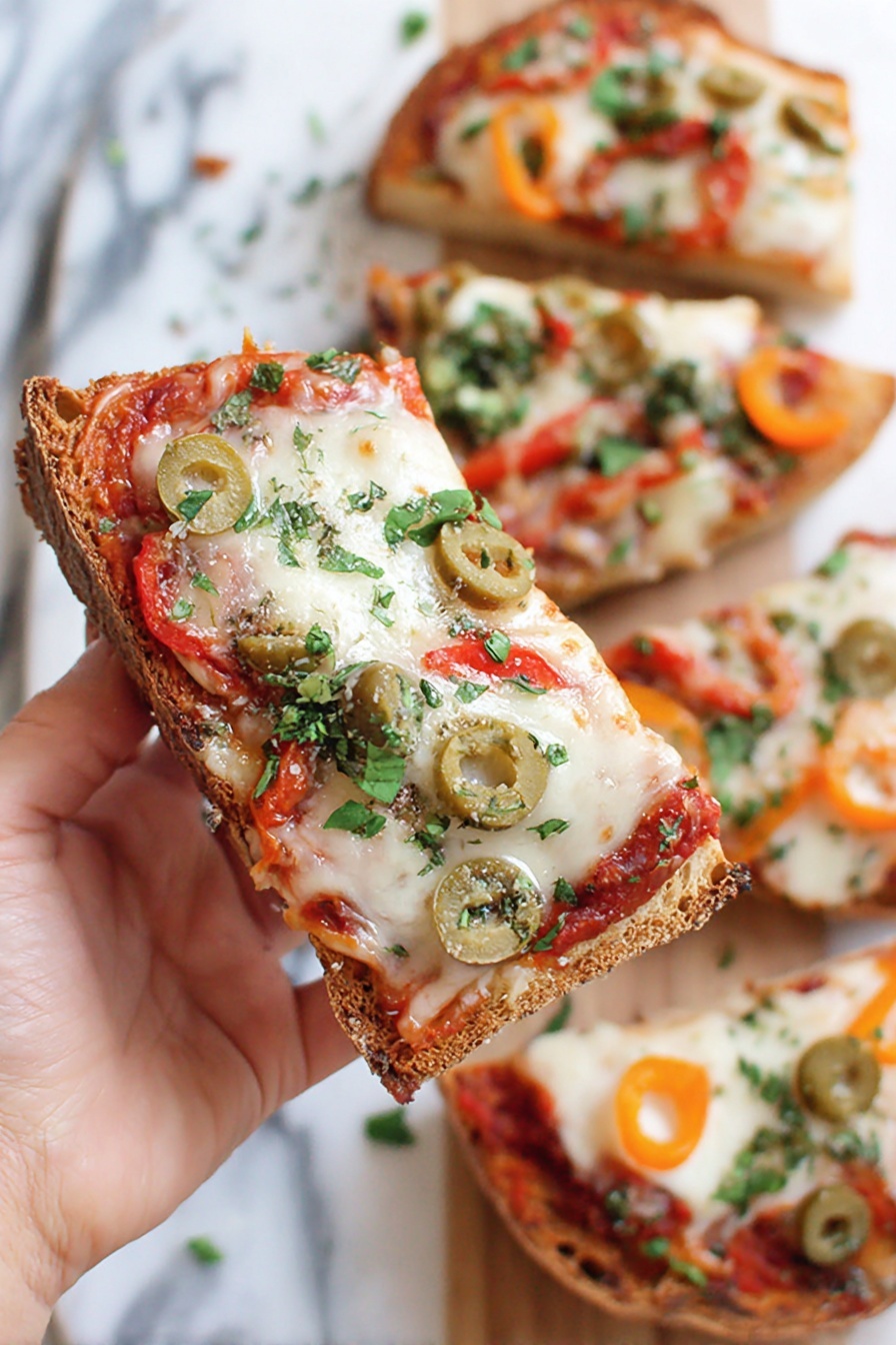 Cheese and Tomato Baguette Pizza, easy baguette pizza, quick snack recipes, healthy appetizer ideas, cheesy tomato baguette dish - There are six slices of toasted bread arranged on a light wooden board. Each slice has a base layer of bright red tomato sauce spread evenly, topped with melted white cheese that is slightly browned in spots. On top of the cheese, there are halved green olives and orange bell pepper slices. Small green herb leaves are sprinkled over the pizza pieces, adding touches of green color. The bread has a golden-brown crust with a rough texture and light, airy interior. The whole scene is set on a white marbled surface. photo taken with an iphone --ar 2:3 --v 7