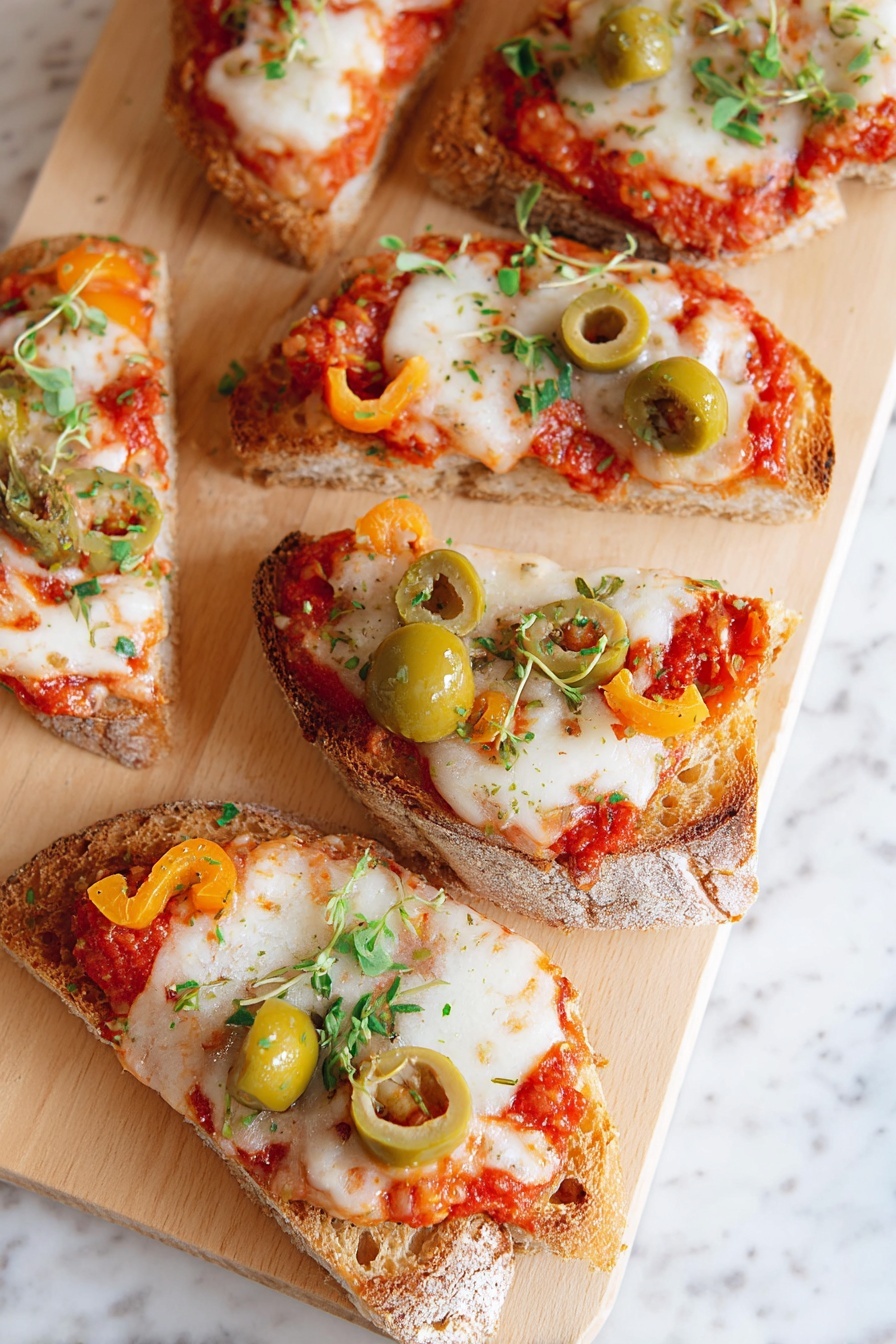 Cheese and Tomato Baguette Pizza, easy baguette pizza, quick snack recipes, healthy appetizer ideas, cheesy tomato baguette dish - A woman's hand holding one slice of toasted baguette pizza with four visible layers: at the bottom is a light brown crusty bread slice, topped with a layer of red tomato sauce, then melted white mozzarella cheese with a slightly browned texture in places, and on top green herbs, light green sliced olives, and thin slices of red and orange bell peppers are scattered. In the background, several similar slices lie on a white marbled surface, showing the same colors and toppings. photo taken with an iphone --ar 2:3 --v 7