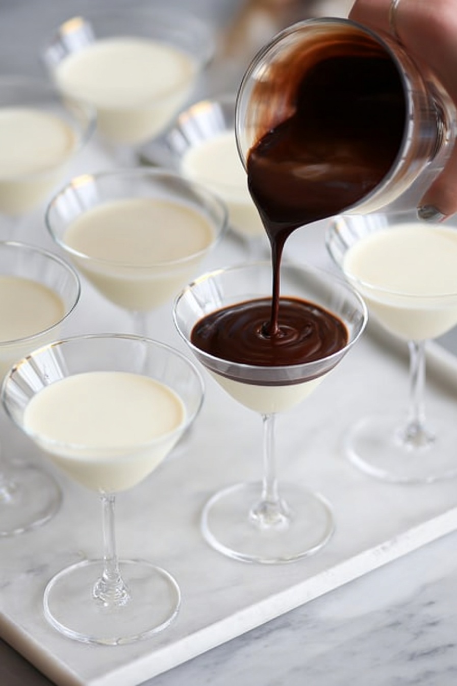 White Chocolate Panna Cotta with Orange Chocolate Sauce, elegant dessert recipes, easy panna cotta dessert, citrus panna cotta, chocolate sauce dessert - The image shows several clear white cocktail glasses filled with a smooth, creamy white layer at the bottom. One glass in the center is being topped with a thick dark brown liquid, gently poured from a vessel held by a woman's hand. The dark layer is glossy and rich, slowly spreading over the white base. The glasses are placed on a tray with a white marbled surface, arranged in neat rows, giving a clean and elegant look to the scene. photo taken with an iphone --ar 2:3 --v 7