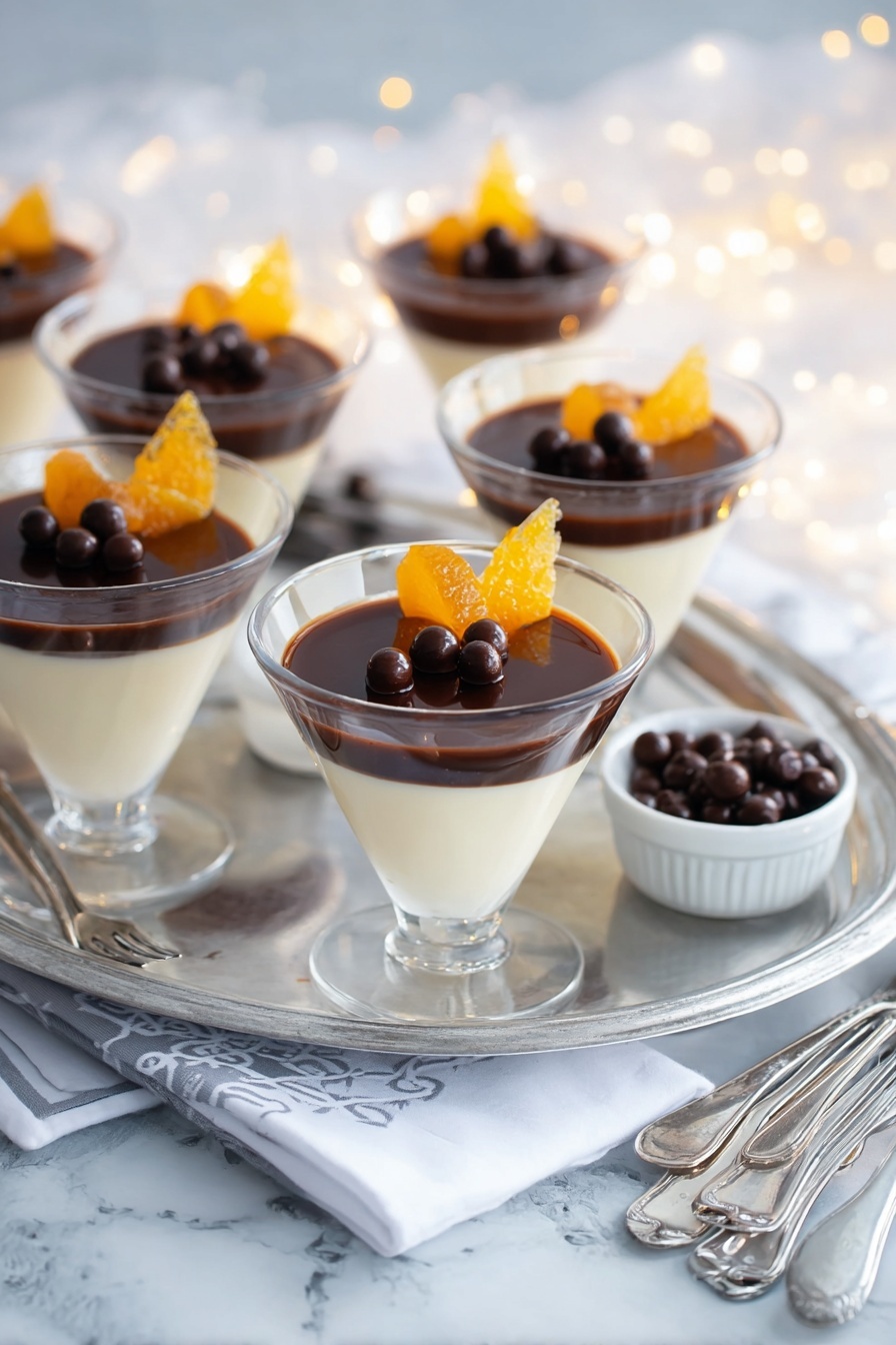 White Chocolate Panna Cotta with Orange Chocolate Sauce, elegant dessert recipes, easy panna cotta dessert, citrus panna cotta, chocolate sauce dessert - The image shows a set of clear glasses filled with two layers of dessert: a smooth, creamy white layer at the bottom and a shiny, dark chocolate layer on top. Each glass is garnished with a thin strip of orange peel and several small round dark chocolate balls placed on the chocolate layer. The glasses are arranged on a shiny silver tray, all placed on a white marbled surface. Around the tray, there are small white bowls with more chocolate balls and orange peels, along with silver spoons and forks scattered on white napkins with a light gray pattern. Soft, warm lights add a gentle glow to the scene. Photo taken with an iphone --ar 2:3 --v 7