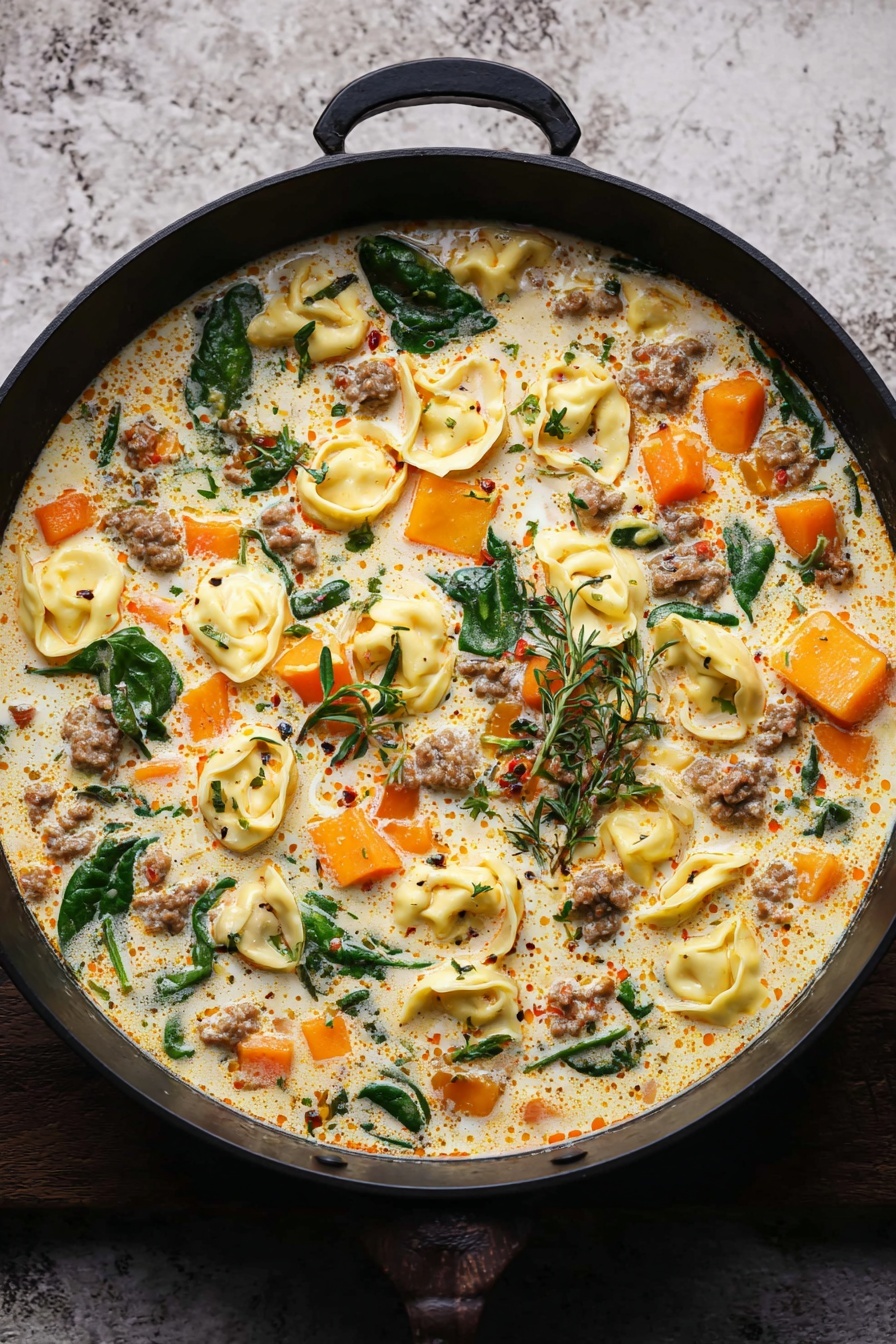 Creamy Sausage Tortellini Soup, hearty sausage tortellini soup, easy sausage tortellini soup recipe, comforting creamy tortellini soup, quick sausage tortellini dinner - A black pan filled with a creamy soup that has three main layers: chunks of orange squash, yellow tortellini pasta, and small pieces of cooked ground meat spread evenly throughout. The soup base is light-colored cream with orange oil spots floating on top. Dark green spinach leaves and sprigs of fresh herbs are scattered on the surface. The pan is placed on a textured white marbled surface. photo taken with an iphone --ar 2:3 --v 7