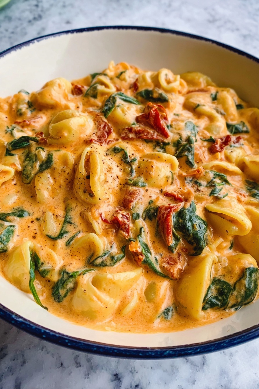 Creamy Tuscan Chicken Soup, Tuscan chicken soup, easy creamy chicken soup, hearty comfort food recipes, Italian-inspired chicken soup - The dish is a creamy pasta with three main layers visible: the base layer of soft yellow pasta shells, the middle layer of thick orange creamy sauce mixed evenly with wilted dark green spinach leaves, and scattered pieces of red sun-dried tomatoes adding contrast throughout. The sauce looks smooth and rich, holding the pasta and vegetables together. The dish is served in a white bowl with a thin blue rim, all set on a white marbled surface. photo taken with an iphone --ar 2:3 --v 7