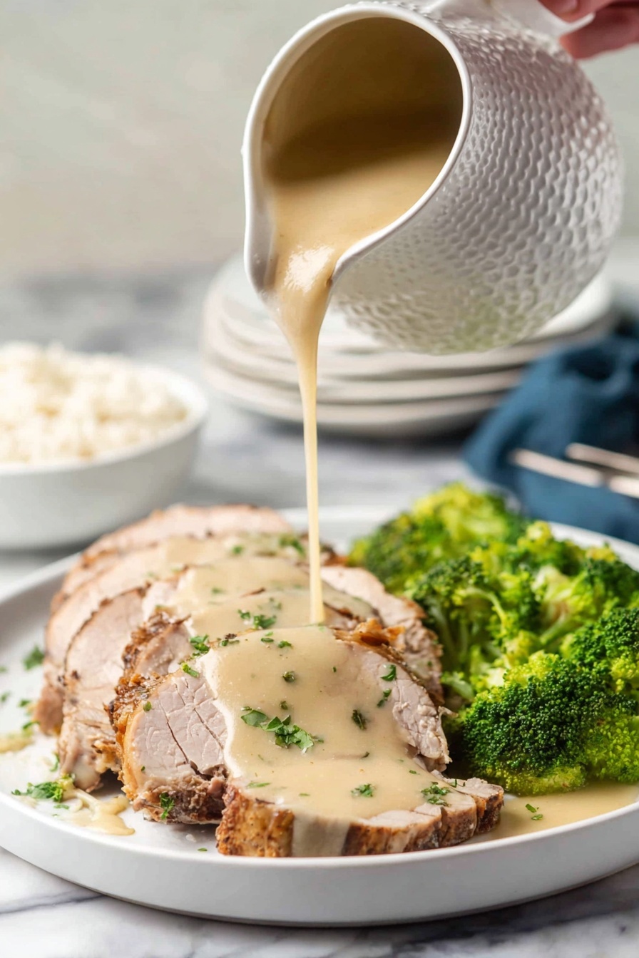 Crock Pot Pork Roast, easy pork dinner, slow cooker pork recipe, tender pork roast, comforting pork dish - A white plate holds several slices of light brown cooked meat with a slightly darker crust on the edges, arranged in a neat row. A woman's hand pours a thick, creamy beige sauce over the center slices, creating a smooth layer that drapes over the meat. Bright green parsley pieces are scattered on top, adding color contrast. On the side of the plate, vibrant green broccoli florets add freshness to the dish. The scene is set on a white marbled surface, and in the background, a white textured pitcher is seen pouring the sauce, with a white bowl filled with rice and a stack of white plates slightly blurred. photo taken with an iphone --ar 2:3 --v 7