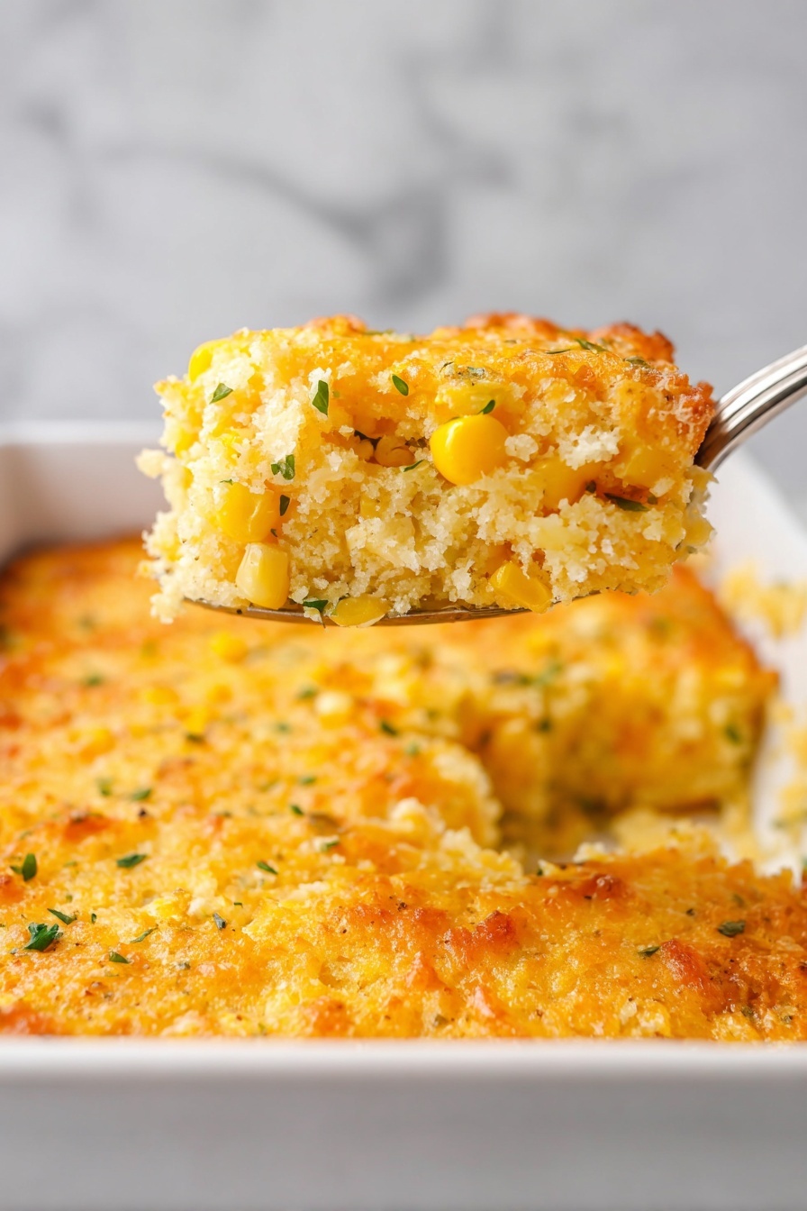 Creamy Cheddar Cornbread Casserole, cheesy cornbread bake, comforting cornbread casserole, easy cheesy corn casserole, sweet and savory cornbread dish - A close-up of a white square baking dish filled with a golden baked corn casserole. The casserole has a thick base layer with a crumbly texture mixed with whole yellow corn kernels and small green herb bits scattered throughout. The top layer is slightly browned and crispy, showing a mix of melted cheese and corn. A silver spoon lifts a square piece from the dish, showing the fluffy and moist inside with visible corn and herbs. The background is a white marbled surface. Photo taken with an iphone --ar 2:3 --v 7