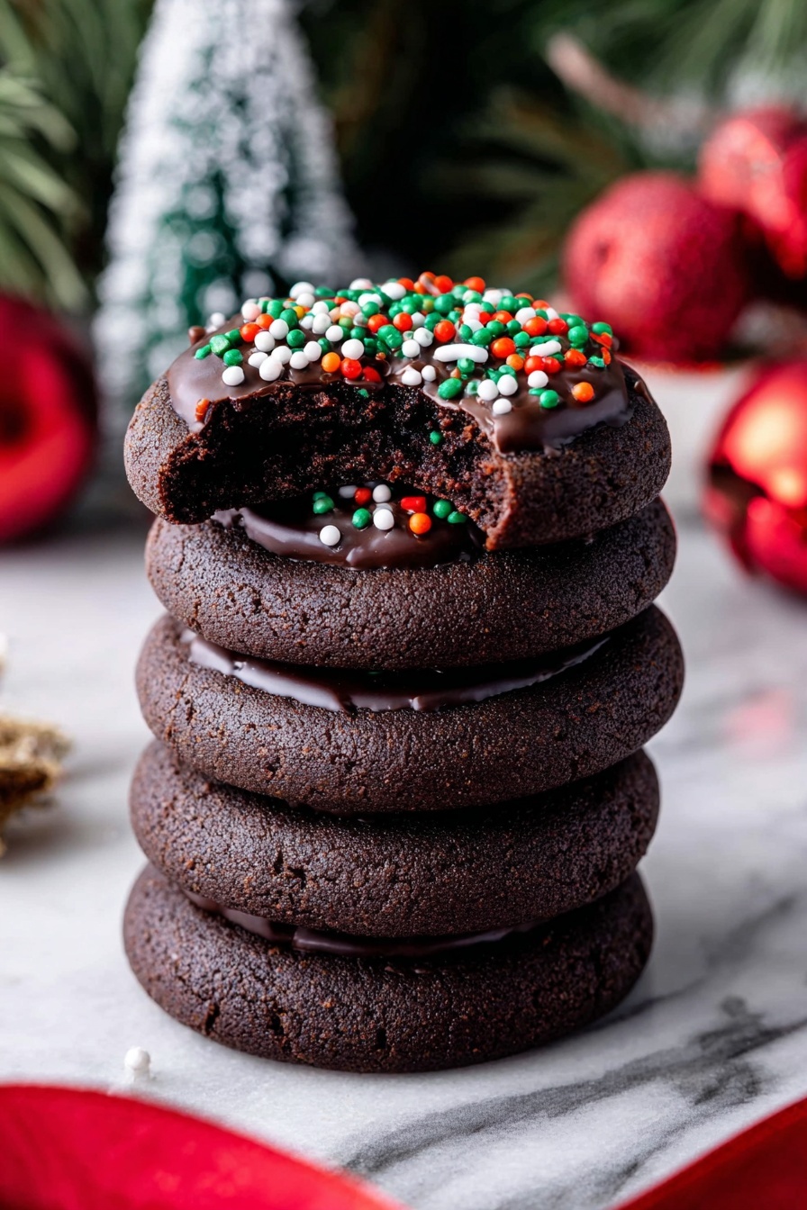 Chocolate Thumbprint Cookies with Ganache, decadent chocolate cookies, chocolate dessert ideas, easy holiday cookies, fudge-filled cookie recipe - The image shows many round dark chocolate cookies arranged closely on a white marbled surface. Each cookie has a smooth, shiny layer of dark chocolate in the middle, which looks thick and glossy. On top of this chocolate layer, there are small red, green, and white round sprinkles scattered evenly. In the center top part of the image, there is a fluted white bowl filled with the same colored sprinkles. The cookies form a loose pattern around the bowl, covering most of the frame. photo taken with an iphone --ar 2:3 --v 7