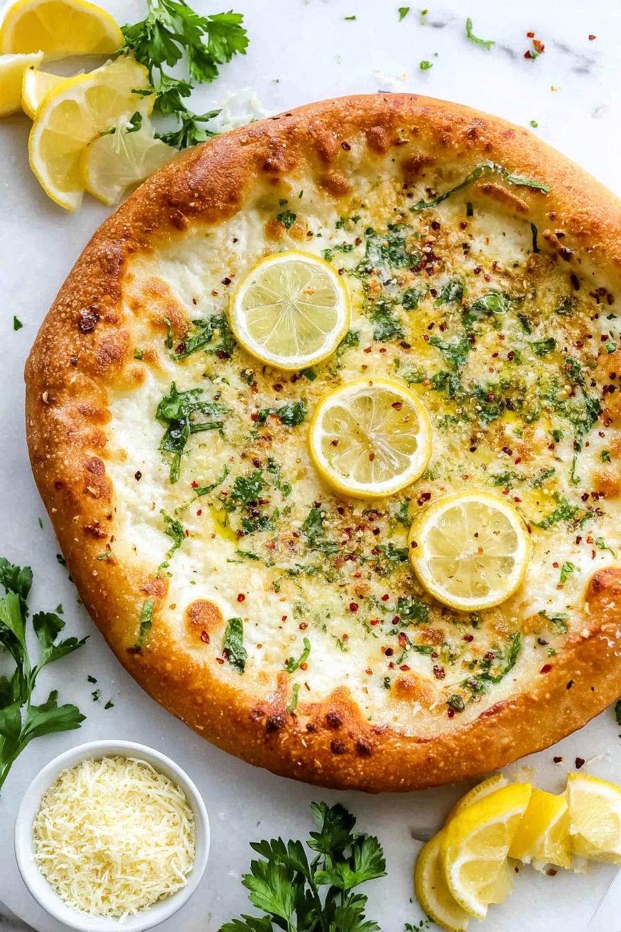 Lemon Mozzarella Pizza, lemon pizza recipe, fresh lemon pizza, easy lemon pizza, gourmet mozzarella pizza - A slice of pizza is shown held by a woman's hand, with a thick golden brown crust that looks crispy on the edges. The pizza has three clear layers: the bottom is a light golden baked crust, the middle is a melted white cheese layer, and the top is decorated with a thin transparent yellow lemon slice, small green herb pieces, and tiny red flakes. In the background, more pizza slices are arranged on a white marbled surface with some green garnish scattered around and a glass of water with ice cubes visible. The whole scene is bright and fresh, capturing the texture of the pizza and the lemon slice well photo taken with an iphone --ar 2:3 --v 7
