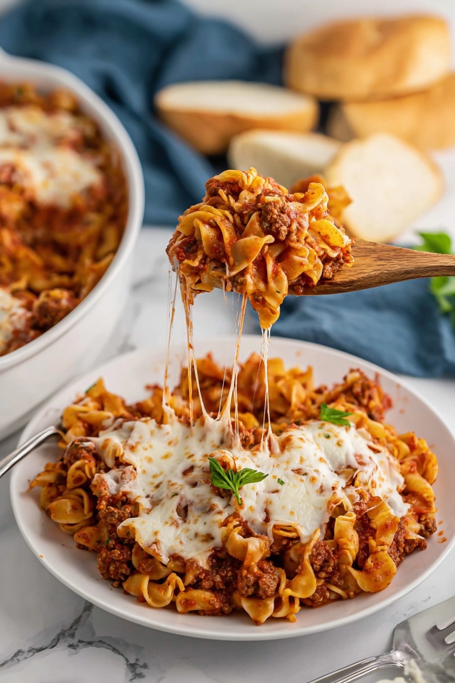 Easy Homemade Lasagna Hamburger Helper, creamy lasagna skillet meal, quick lasagna dinner, cheesy hamburger casserole, one-pot lasagna recipe - A close-up of a wooden spoon lifting a serving of baked pasta from a white dish on a white marbled surface. The pasta dish has several layers: a base layer of twisty pasta in a rich red tomato sauce mixed with browned ground meat, topped with melted white cheese that stretches in thin strands from the lifted spoon to the pan below. The colors include the orange-yellow hue of the cooked pasta, dark red sauce with chunks of meat, and creamy white melted cheese covering the top layer deeply. In the blurry background, there is a blue cloth with pieces of bread on it. Photo taken with an iphone --ar 2:3 --v 7