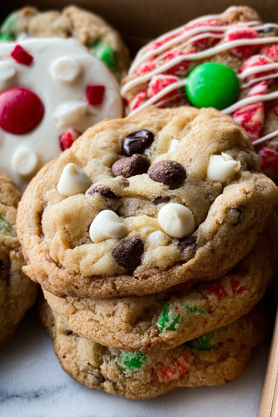 Christmas Chocolate Chip Cookies, festive holiday cookies, soft chewy chocolate chip cookies, cinnamon holiday cookies, Christmas cookie recipes - The image shows a close-up of a single soft cookie on a black wire cooling rack over a wooden surface. The cookie has a slightly bumpy texture with visible small red and green candy pieces and white and dark chocolate chips spread throughout the light brown dough. The cookie looks thick and round with rough edges, and there are more similar cookies partially visible around it. The overall look is colorful with a mix of smooth and chunky textures. Photo taken with an iphone --ar 2:3 --v 7