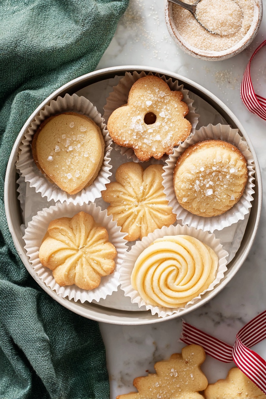 Danish Butter Cookies, butter cookie recipe, easy Danish cookies, holiday cookies, crisp butter cookies - A round white container filled with five light golden cookies, each placed in white paper cups. The cookies have different shapes and textures: one is a heart with two holes and sugar crystals on top, two have soft swirling patterns with sugar crystals, and two have star-like ridged patterns. Around the container are more cookies in white paper cups and a small bowl holding coarse sugar. A green cloth and a ribbon with red stripes are near the container on a white marbled surface. photo taken with an iphone --ar 2:3 --v 7