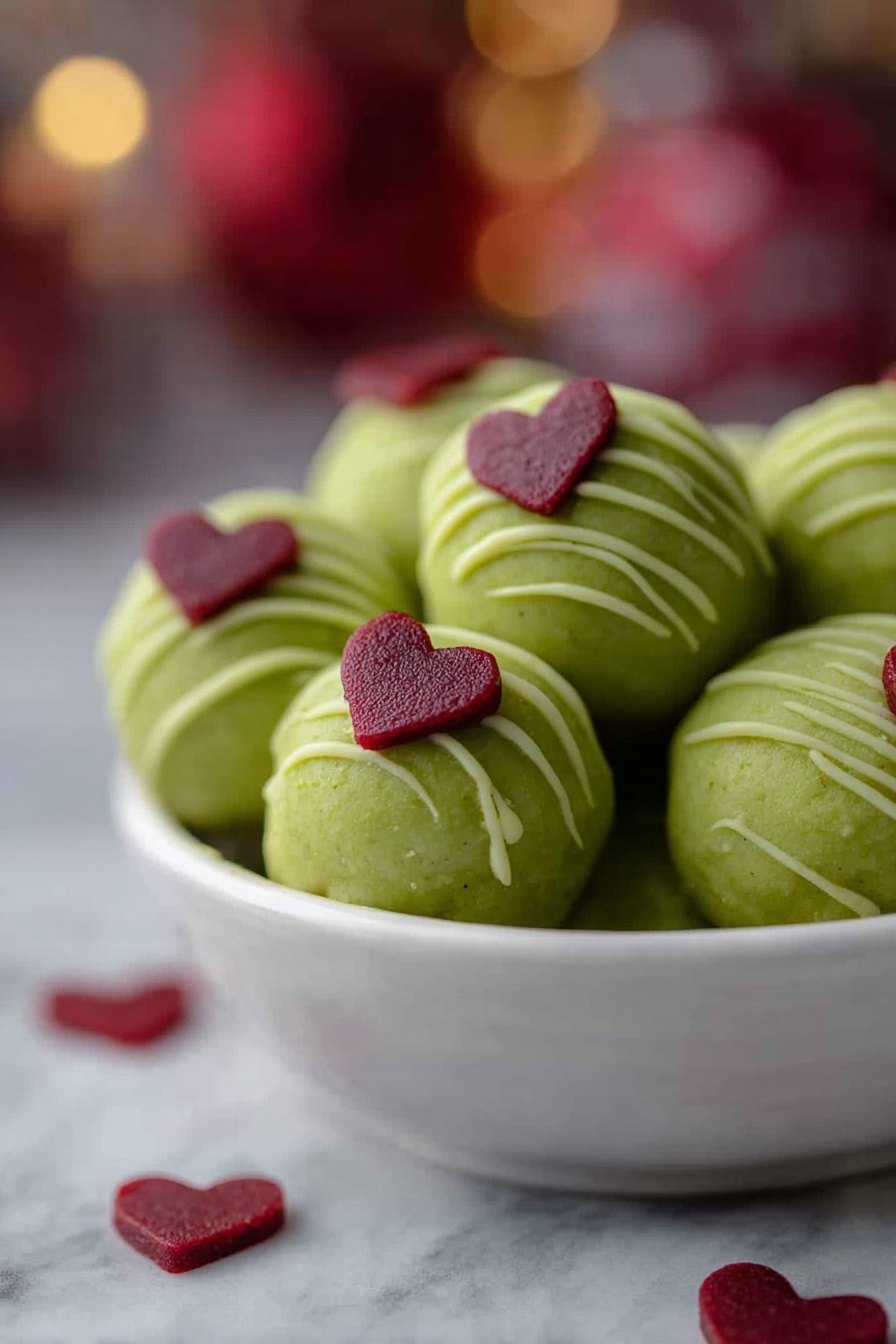 Grinch Oreo Balls with Red Velvet Cookies, festive holiday treats, Christmas dessert, easy holiday truffles, Grinch-themed candies - A woman's hand is holding a round green truffle with a smooth texture, decorated with thin lines of green icing wrapped around it like stripes. On one side, there is a small, flat red heart decoration placed near the center. In the blurry background, you can see more similar truffles with the same green color and red hearts on a white marbled surface. Soft round lights add a warm and cozy feeling to the image. photo taken with an iphone --ar 2:3 --v 7