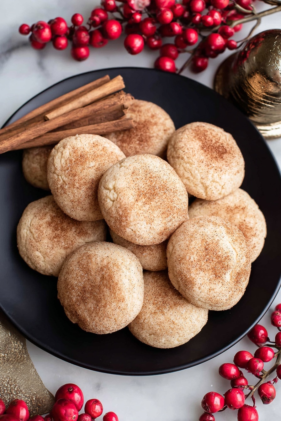Cinnamon Cream Cheese Cookies, cinnamon sugar cookies, easy cream cheese cookies, soft cinnamon cookies, best cookie recipes - A close-up image shows a group of soft, round cookies stacked closely on a white plate. Each cookie is light beige with a rough texture and is covered evenly with a thin layer of cinnamon powder, giving them a warm brown speckled look. The cookies have gentle cracks and small dimples on their tops, suggesting a tender, crumbly texture. The background is blurred but shows red berries and a white marbled surface beneath the plate. photo taken with an iphone --ar 2:3 --v 7