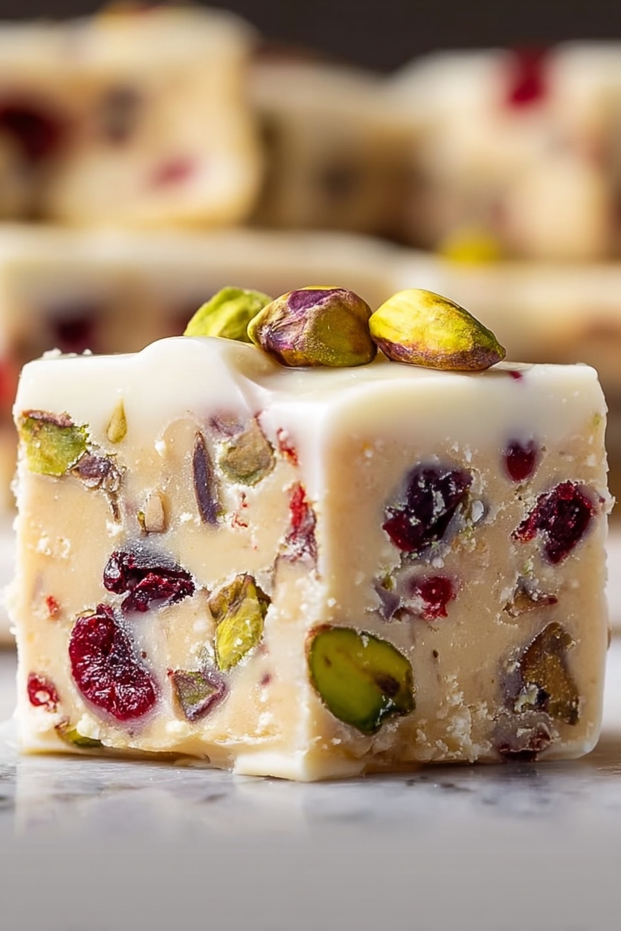 Cranberry Pistachio Shortbread Cookies, holiday shortbread cookies, easy shortbread recipe, festive cookies with cranberries and pistachios, buttery shortbread dessert - A thick, square piece of light beige fudge filled with colorful nuts and dried fruit pieces; the fudge has visible green pistachios, dark red cranberries, and light brown almond bits embedded inside. The top of the fudge is covered with a smooth, white icing layer topped with whole pistachios, showing a shiny and creamy texture. The fudge is placed on a white marbled surface, with soft blurred background colors. photo taken with an iphone --ar 2:3 --v 7