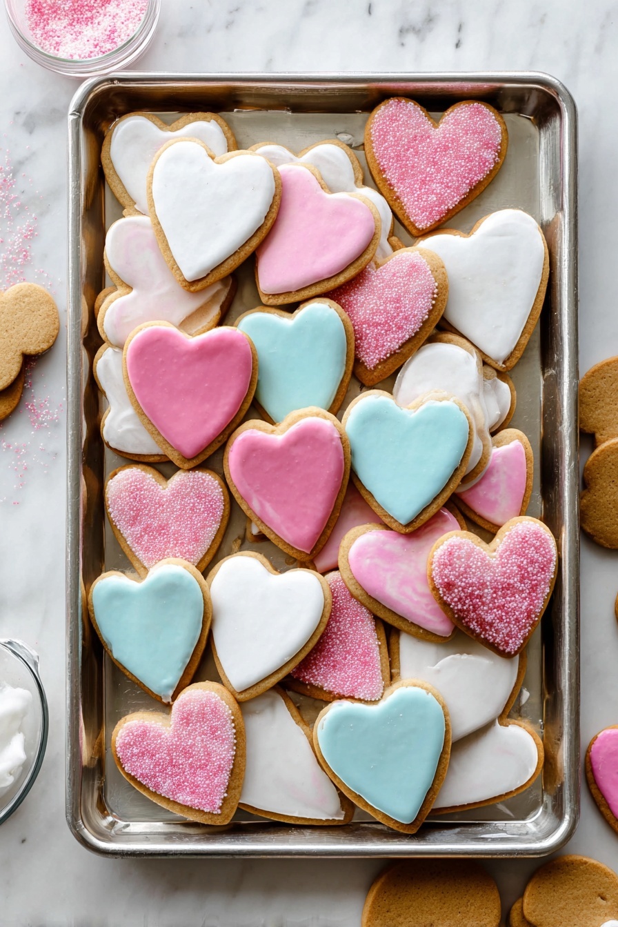 Soft Cut-Out Sugar Cookies, sugar cookies for decorating, buttery sugar cookie recipe, tender cut-out cookies, easy holiday sugar cookies - A metal baking tray filled with many heart-shaped and oval cookies arranged in layers. The base layer includes plain light brown cookies with no icing visible. The top layer covers most cookies in smooth white, pink, and blue icing; some have pink sugar sprinkles giving a rough texture while others have a smooth shiny finish. The hearts vary in size, with some large and some small, overlapping each other across the tray. The tray sits on a white marbled surface with a few extra plain cookies and a small container of pink sugar nearby. Photo taken with an iphone --ar 2:3 --v 7