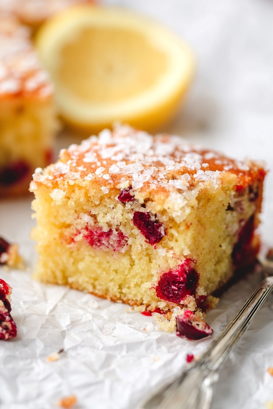 Cranberry Orange Cake, Cranberry Orange Cake Recipe, festive dessert with cranberries and oranges, moist cranberry orange cake, easy citrus cranberry cake - The image shows two stacked pieces of a light golden-yellow cake filled with bright red cranberries, some of which are broken open, adding a splash of deep red inside the cake. The top layer has a thin, slightly crunchy surface sprinkled with coarse sugar crystals that catch the light. The cake crumb looks soft and moist with a spongy texture. At the bottom left, two whole cranberries rest on the white marbled surface. A silver fork is pinned into the top piece from the left side, angled slightly upwards. The photo taken with an iphone --ar 2:3 --v 7