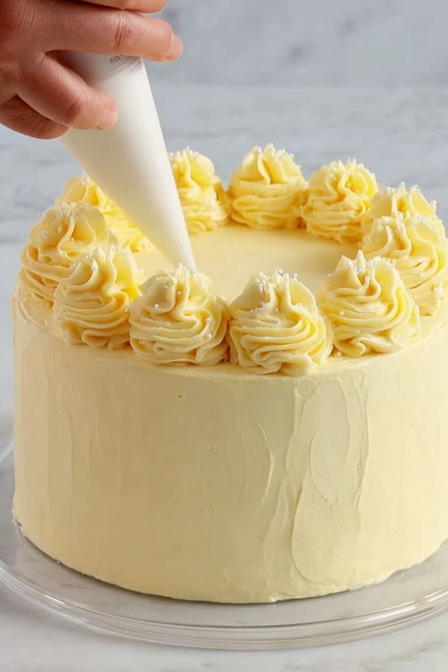 Vanilla Cake, Vanilla Cake Recipe, Classic Vanilla Cake, Fluffy Vanilla Cake, Moist Vanilla Cake - A round cake covered in smooth, light yellow frosting is shown. On top, a woman's hand holds a piping bag, adding eight evenly spaced swirls of the same yellow frosting around the edge of the cake's top surface. The frosting swirls are textured with soft, curving ridges, and the top and sides of the cake have a creamy, matte finish. The cake sits on a clear glass plate, placed on a white marbled surface. photo taken with an iphone --ar 2:3 --v 7