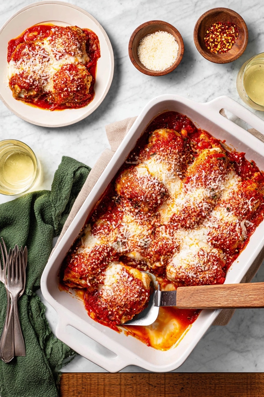 Eggplant Rollatini with Tomato Sauce, Eggplant Rollatini, Italian Eggplant Appetizer, Baked Eggplant Ribbons, Cheese and Tomato Eggplant Dish - A white baking dish filled with about two layers of golden-browned pieces of chicken covered in thick red tomato sauce, topped with grated cheese sprinkled evenly over all the chicken. A metal spatula with a wooden handle rests inside the dish, lifting some chicken to show the red sauce underneath. To the left, a white plate holds a serving of the same chicken and sauce. Above the baking dish, a white marbled surface has a small wooden bowl with grated cheese and a white bowl with crushed red pepper flakes. A green cloth with silver forks is placed on the left side, and a glass of light yellow drink is on the bottom left corner. The background is a white marbled texture. photo taken with an iphone --ar 2:3 --v 7