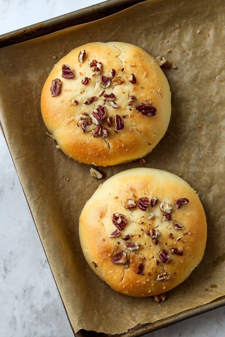 Cranberry Chicken Puffs, savory chicken bites with cranberries, easy holiday appetizers, cheesy chicken puff pastries, quick chicken puff recipes - Two round golden brown buns rest on a baking tray lined with light brown parchment paper. Each bun has a slightly cracked top layer showing soft light beige dough beneath, sprinkled with chopped dark brown pecans scattered unevenly over the surface. The tray lies on a white marbled surface that is smooth and clean. Photo taken with an iphone --ar 2:3 --v 7