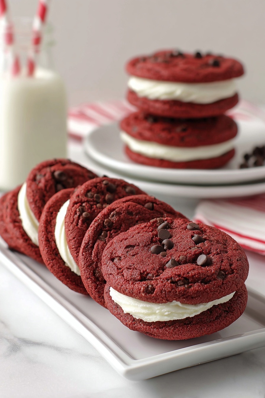 Red Velvet Sandwich Cookies, red velvet cookies, sandwich cookies with cream cheese frosting, chocolate red velvet cookies, easy red velvet cookie recipe - There are four red velvet cookies with chocolate chips arranged in a row on a white rectangular plate on a white marbled surface. Each cookie is thick and round with a slightly rough texture and visible chocolate chips on the surface. They are sandwiched with a smooth, white cream filling that stands out against the deep red color of the cookies. In the background, there is a stack of similar sandwich cookies on another white plate, and a glass bottle of milk with a red and white striped straw. The whole scene is clean and bright. photo taken with an iphone --ar 2:3 --v 7