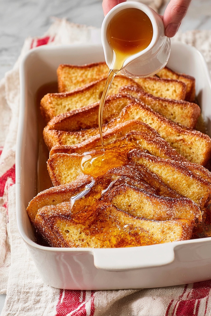 Brioche French Toast Casserole with Orange, orange breakfast casserole, French toast bake with orange, breakfast casserole with citrus, holiday brunch casserole - A white rectangular baking dish holds three layers of golden-brown toast slices, each slice standing upright and slightly overlapping the next, forming a neat, angled pattern. The toast has a crunchy texture with some coarse sugar sprinkled on top. A woman's hand pours a light amber syrup over the toast, creating shiny pools of syrup that run into the layers. The dish rests on a light cloth with red stripes on a white marbled surface. Photo taken with an iphone --ar 2:3 --v 7